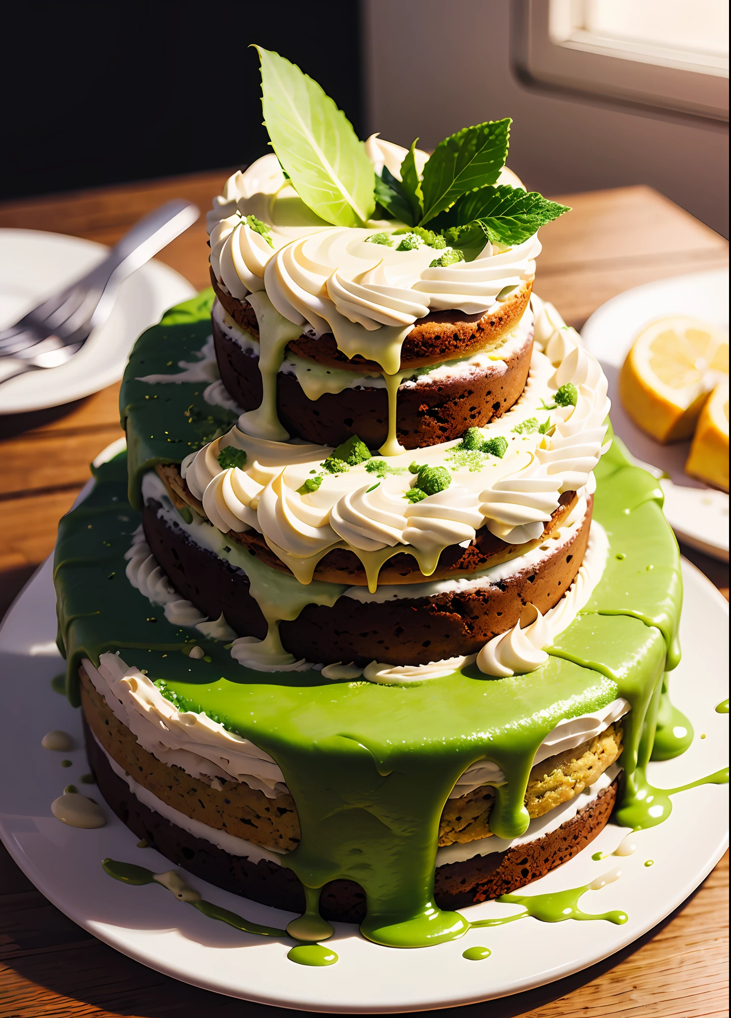 delicious matcha cake, photorealistic, yummy
