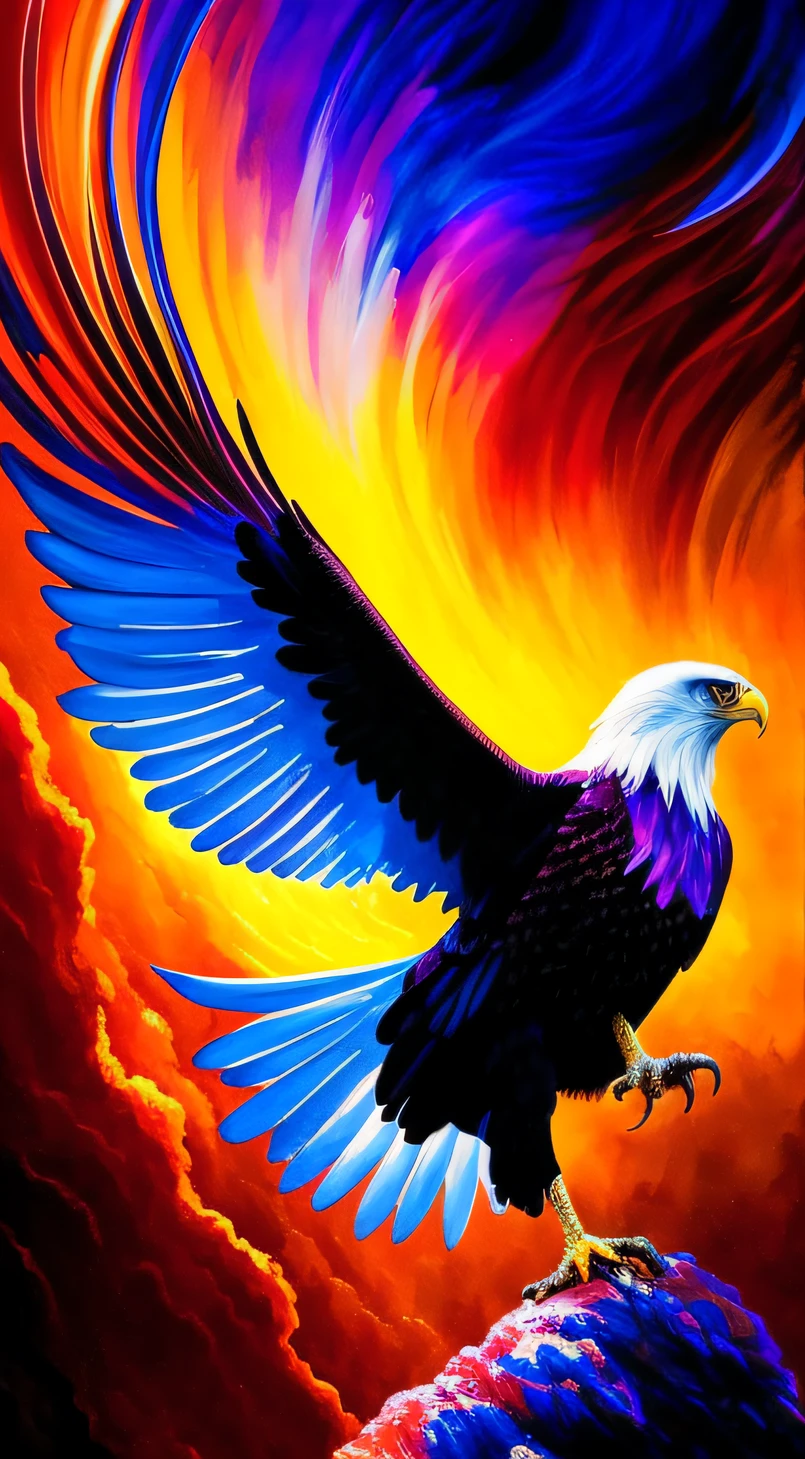 Colorful Eagle: A 28-year-old Giru, oil painting, perfect feathers, blue yellow colors, light purple and violet additions, light red additions, intricate details, welcome screen, 8k resolution, masterpiece, artstation digital painting Very smooth ink flow: 8k resolution Photorealistic masterpiece: Intricately detailed fluid gouache painting: by Jean Baptiste Mongue: Calligraphy: Acrylic: Watercolor Art, Professional Photography, Daylighting, Maximalist Volumetric Lighting Photoillustration: by Marton Bobzert:, Complex, Elegant, Expansive, Fantastic, Vibrant, Best Quality Details, Realistic, High Definition, High Quality Texture, Epic Lighting, Motion Picture Still, 8k, Soft Lighting, Anime Style, Masterful Playing Card Edge, Random Colorful Art, Oil Painting, Blue Yellow Colors, Purple Color Additions clear and violet, light red additions, intricate details, welcome screen, 8K resolution, masterpiece, artstation digital painting Very smooth Black ink flow: 8K resolution Photorealistic masterpiece: intricately detailed fluid gouache painting: by Jean Baptiste Mongue: Calligraphy: acrylic: watercolor art, professional photography, natural lighting, volumetric lighting Maximalist photoillustration: by Marton Bobzert:, complex, Elegant, expansive, fantastic, vibrant --auto