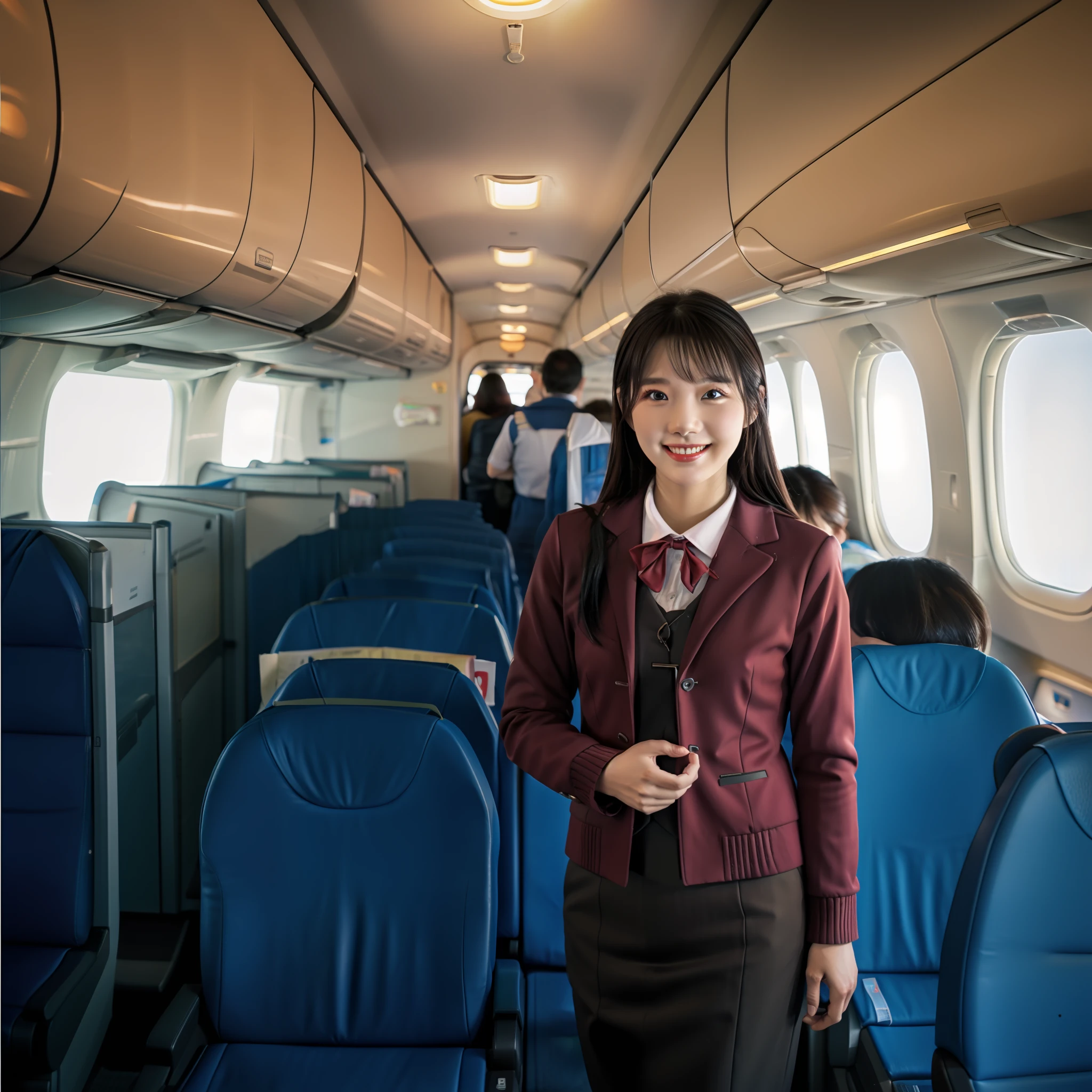 stewardess,Standing,Serve passengers in the cabin aisle,Smiling,Bag header,