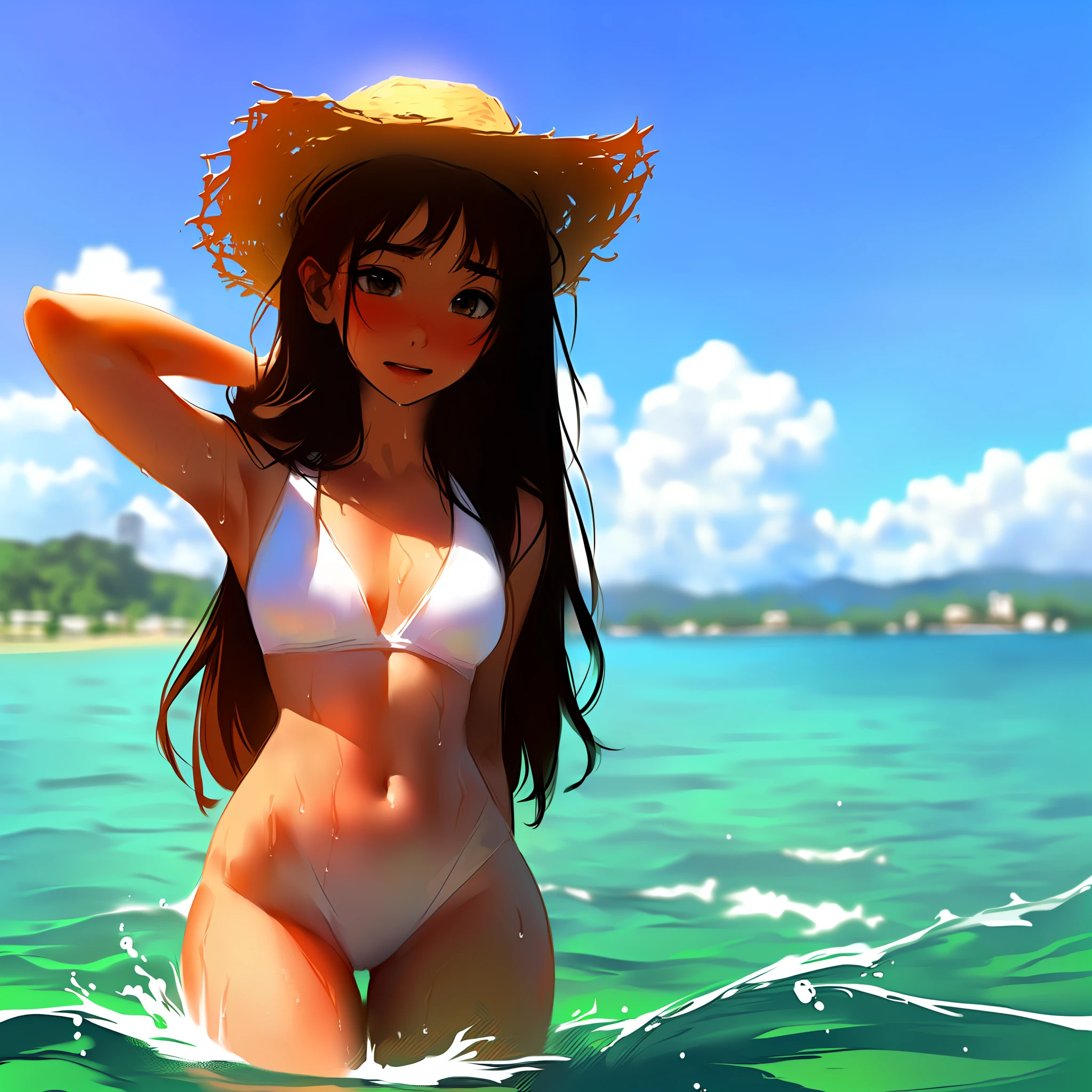 Korean, high school student, sexy body, shapely body, lake, wet body, one person, cute face, white translucent swimsuit --auto