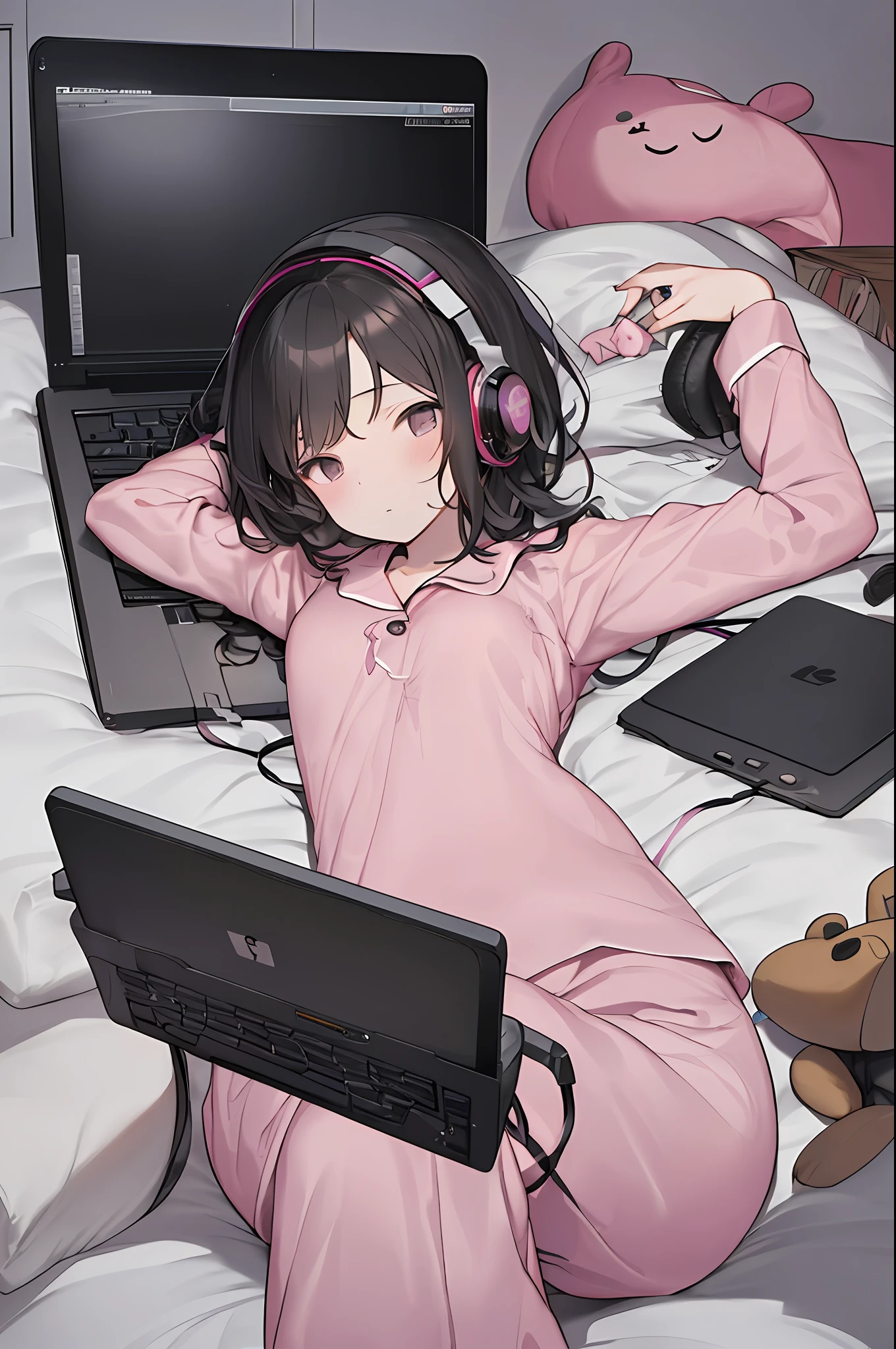 ，lying on back on bed，Facing the ceiling, wearing thin pink pajamas。Bare breasts but not large，There are a lot of stuffed toys next to it，There is also a laptop，and headphones，The composition should exude sensuality and innocence，The background should be visually appealing，