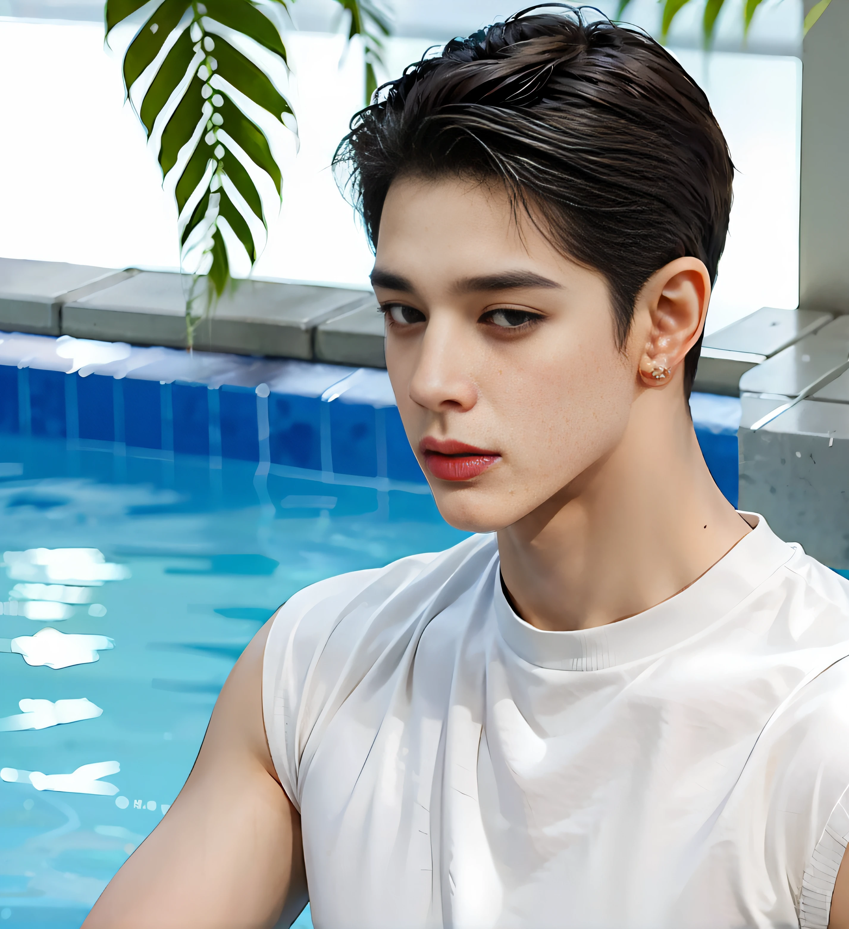 there is a man sitting in a pool with a cell phone, jung jaehyun, taejune kim, kim doyoung, jinyoung shin, male ulzzang, yanjun chengt, korean artist, hong june hyung, hyung tae, portrait of kpop idol, inspired by Yanjun Cheng, portrait of jossi of blackpink, south korean male, extremely handsome