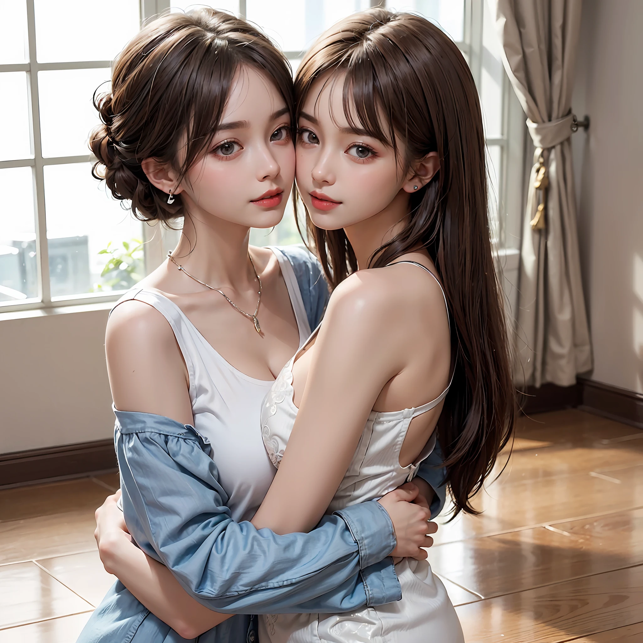 Two people facing each other face to face、Hug each other tightly、lilie、Two people kissing、Two cute pretty girls、masterpiece、highest quality、realisticlying、realisitic、Seductive bright smile、short clean hair with bangs、Loose business shirt、enticing eyes、(cleavage of the breast)、(Pure white background with really nothing from floor to ceiling)、(28 year old)、extremely detaile、tall、neck long、Straighten your back、Put your ears out、Highlights in the eyes、lipgloss、glowy skin、White-colored skin、Clean collarbone、closes mouth、Happily、Nice proportions、Chained、lovely、Adorable、