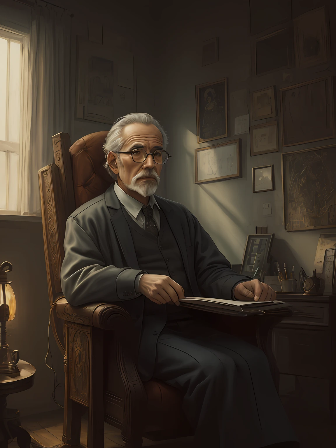 oldman in chair, complex stuff around, intricate in the background, art, close up, painting, detailed, cartoon, cinematic shot, fantasy, low saturation, vignette, [hdr]