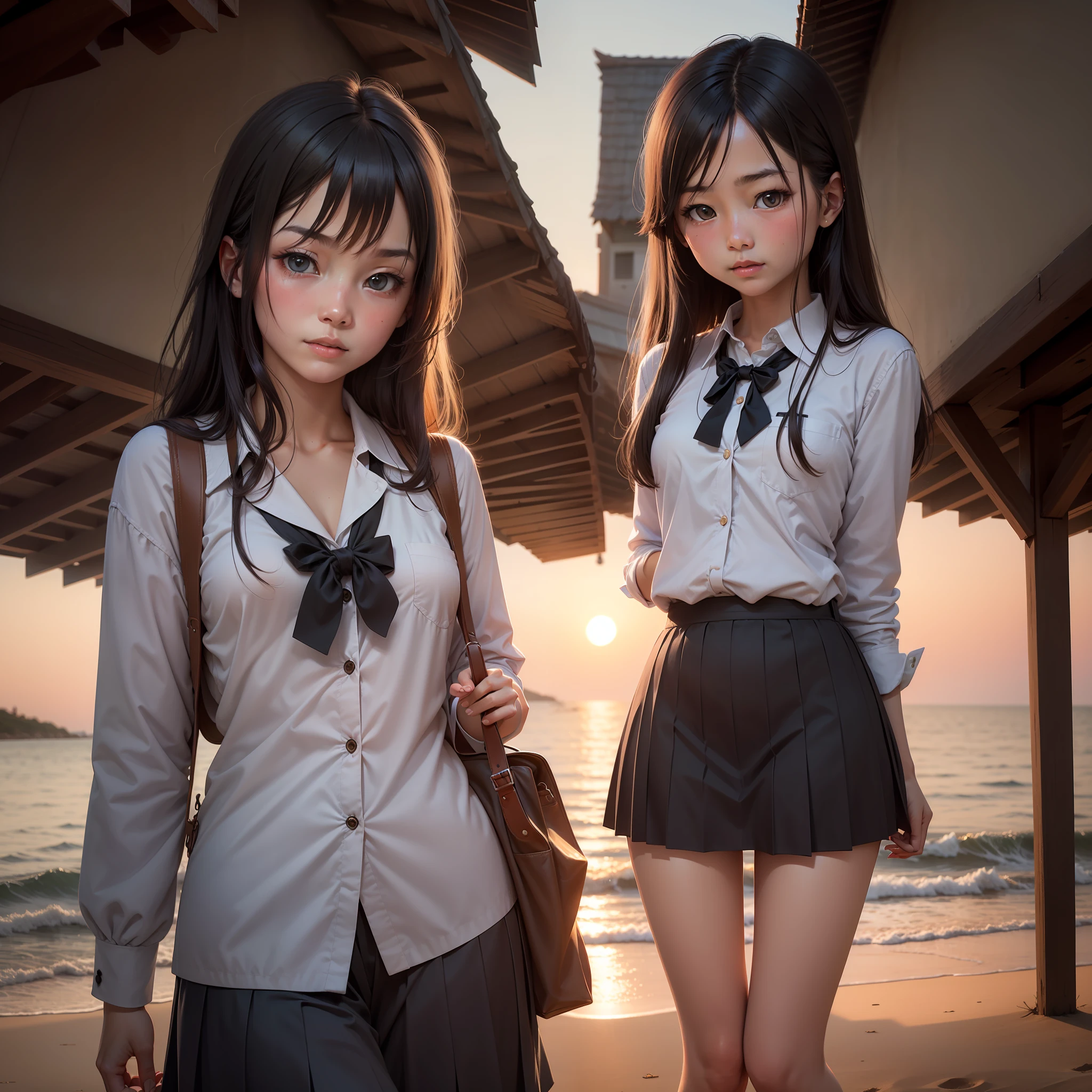 girls,blacksilk,beachside,setting sun,A shy expression