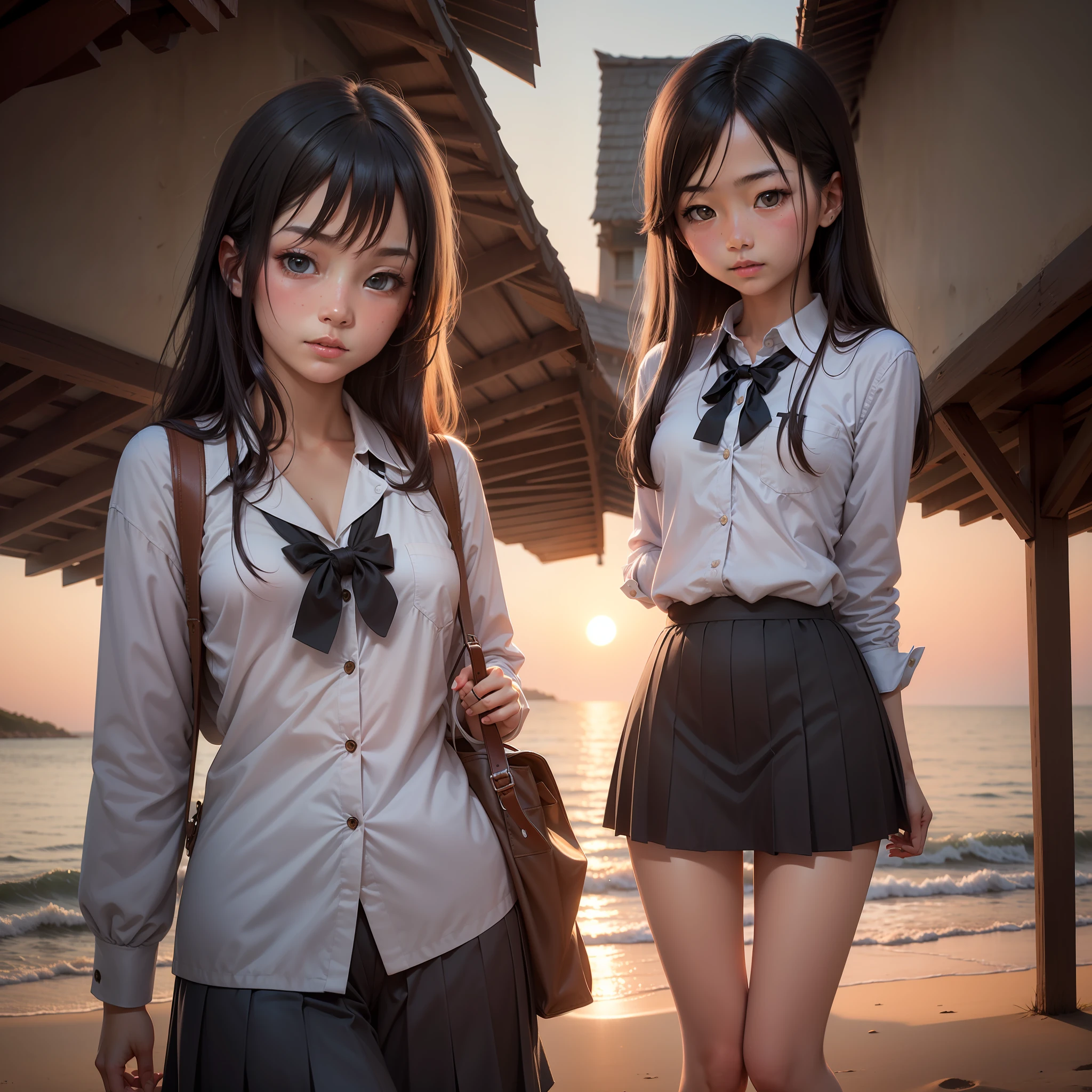 girls,blacksilk,beachside,setting sun,A shy expression