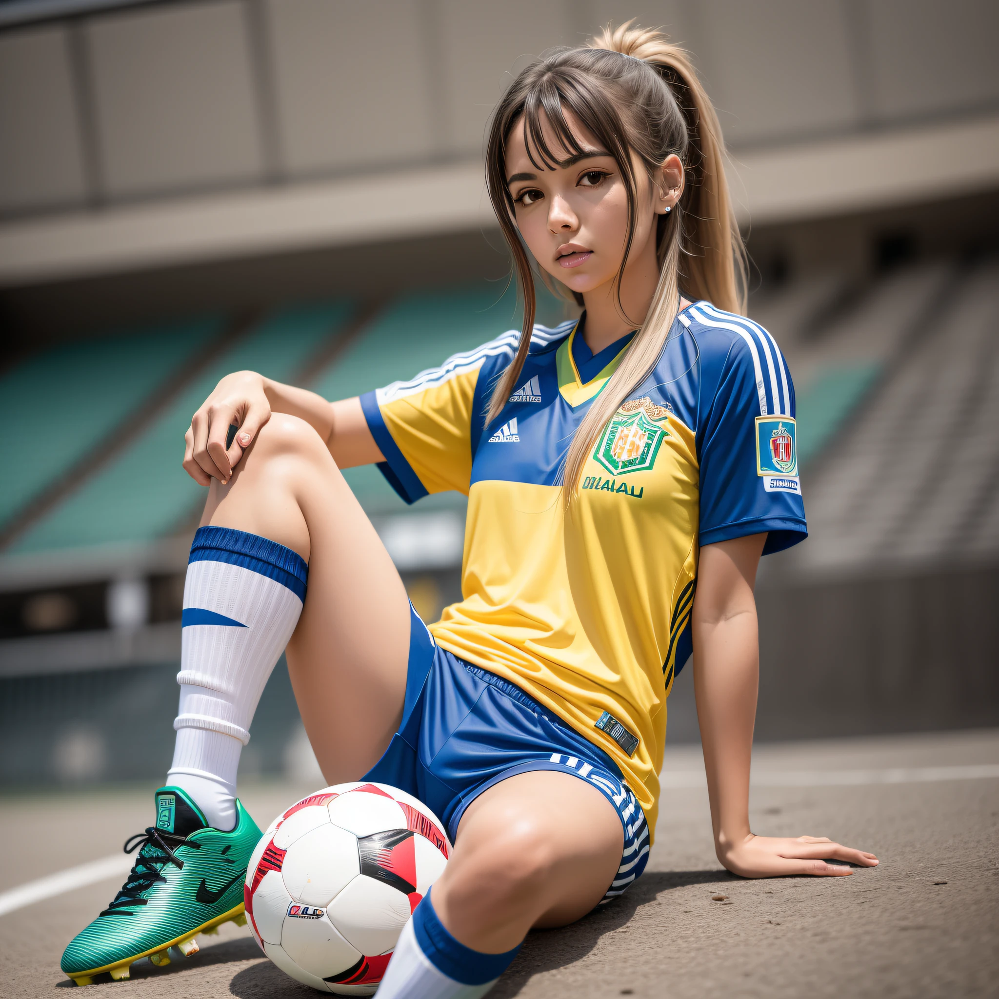 imagem de alta qualidade, Extremamente Detalhada, 1 garota, sozinha, em um capo de futebol, Resting your foot on the soccer ball, Clothing shirt of the Brazilian national football team, Background football stadium packed with audience