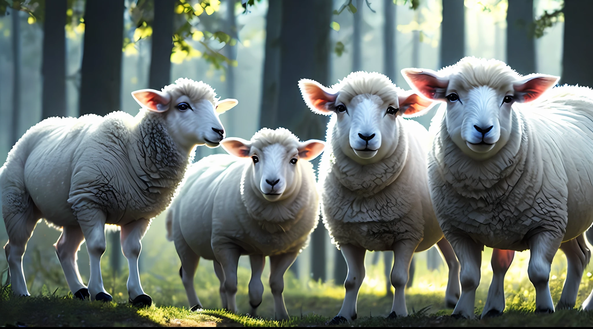 close-up shot of several sheep jumping very cute in the forest, soft (backlight: 1.3), volumetric lights (cinematics: 1.2), intricate details (art station: 1.3), Rutkowski