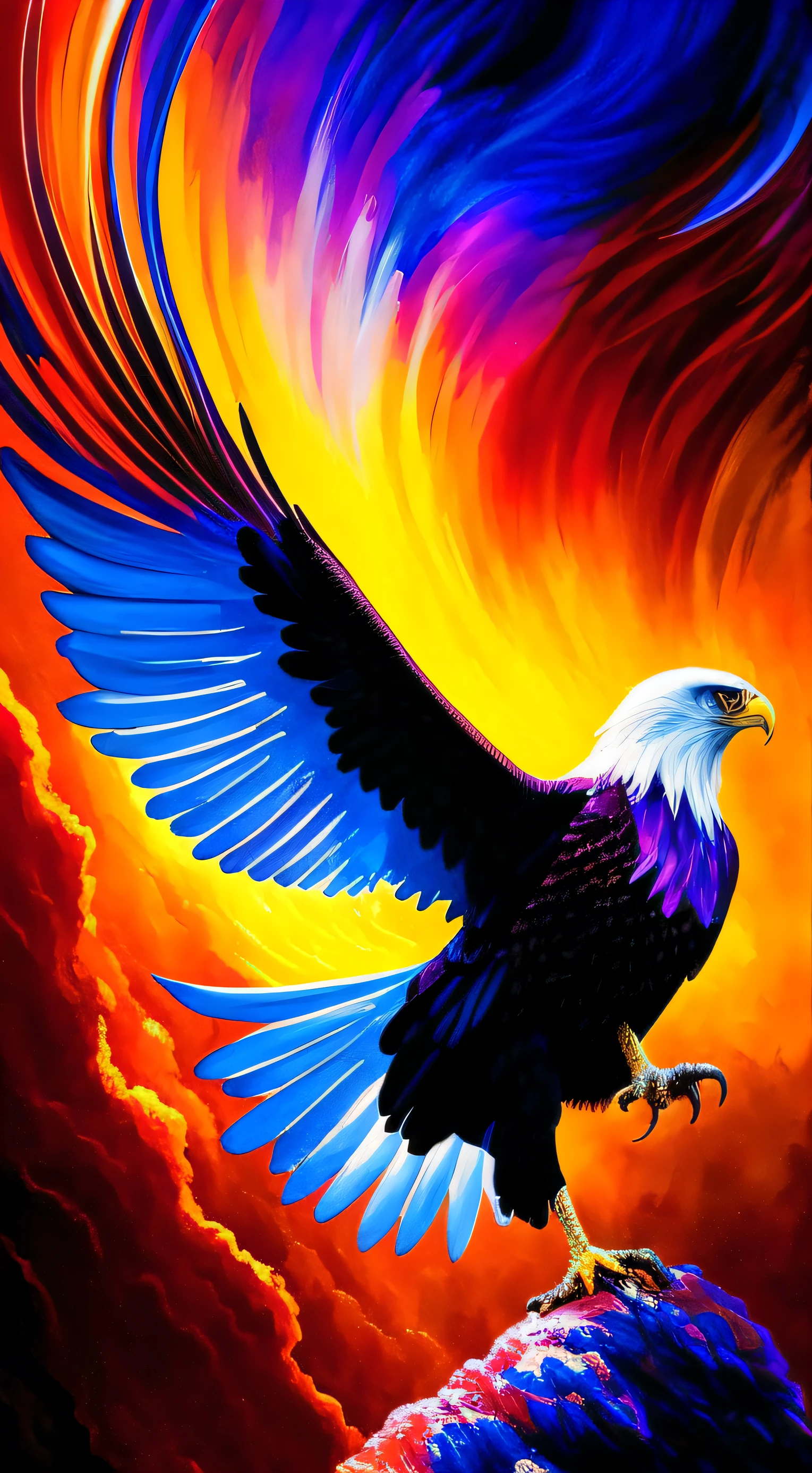 Colorful Eagle: A 28-year-old Giru, oil painting, perfect feathers, blue yellow colors, light purple and violet additions, light red additions, intricate details, welcome screen, 8k resolution, masterpiece, artstation digital painting Very smooth ink flow: 8k resolution Photorealistic masterpiece: Intricately detailed fluid gouache painting: by Jean Baptiste Mongue: Calligraphy: Acrylic: Watercolor Art, Professional Photography, Daylighting, Maximalist Volumetric Lighting Photoillustration: by Marton Bobzert:, Complex, Elegant, Expansive, Fantastic, Vibrant, Best Quality Details, Realistic, High Definition, High Quality Texture, Epic Lighting, Motion Picture Still, 8k, Soft Lighting, Anime Style, Masterful Playing Card Edge, Random Colorful Art, Oil Painting, Blue Yellow Colors, Purple Color Additions clear and violet, light red additions, intricate details, welcome screen, 8K resolution, masterpiece, artstation digital painting Very smooth Black ink flow: 8K resolution Photorealistic masterpiece: intricately detailed fluid gouache painting: by Jean Baptiste Mongue: Calligraphy: acrylic: watercolor art, professional photography, natural lighting, volumetric lighting Maximalist photoillustration: by Marton Bobzert:, complex, Elegant, expansive, fantastic, vibrant --auto