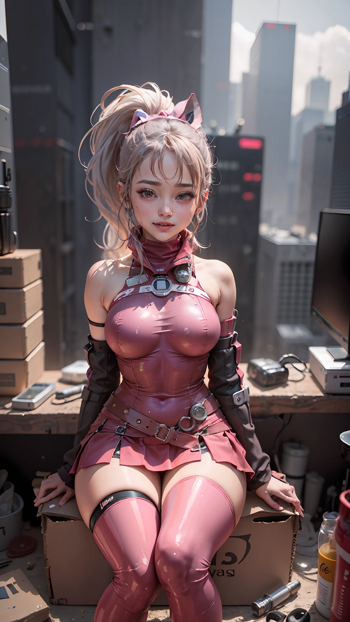 mini sence\(tpose\), (8K, RAW photos, best qualtiy, tmasterpiece:1.4),(A steampunk robot girl with magical modifications:1.3),ssmile,Pink double ponytail,steampunc,cyber-punk,Pink turtleneck latex tights,impossible bodysuit,(Short pink skirt),(Cyberpunk light:0.5),bare arm,emphasizing thighs,Bare thighs,(Exposing the skin of the legs),soft thighs,Glossy thighs,Face-to-face perspective,Sit in front,Place your feet on the ground,Crotch zoom camera,full bodyesbian,ssmile,Just look at the audience,On a table,(In a miniature box:1.3),isometry,Minitary, Foundation scenery,scenecy,