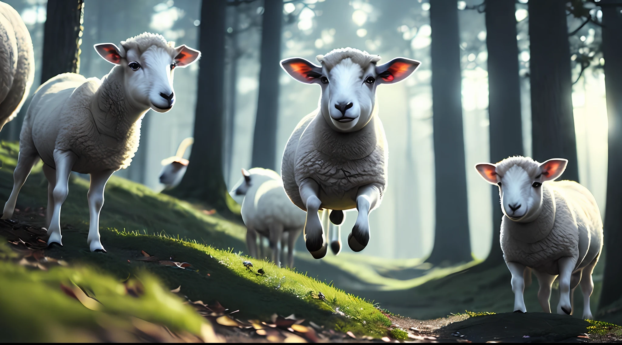 close-up shot of several sheep jumping very cute in the forest, soft (backlight: 1.3), volumetric lights (cinematics: 1.2), intricate details (art station: 1.3), Rutkowski