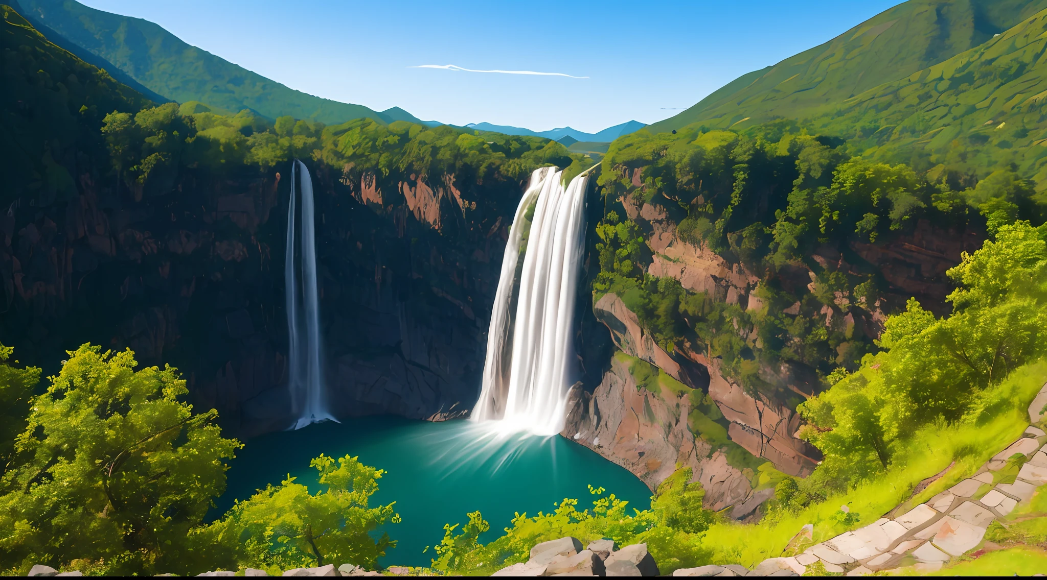 There is a waterfall in the middle of the mountain，There is a lake below, Majestic nature, epic beautiful landscape, waterfalls and lakes, Stunning waterfall, Amazing landscape, stunning nature in background, author：Franz Hergi, natural landscape beauty, very beautiful scenery, amazing scenery, beautiful waterfall, beautiful stunning waterfall, incredible high details, breathtaking landscape, very very beautiful scenery，16：9 --auto