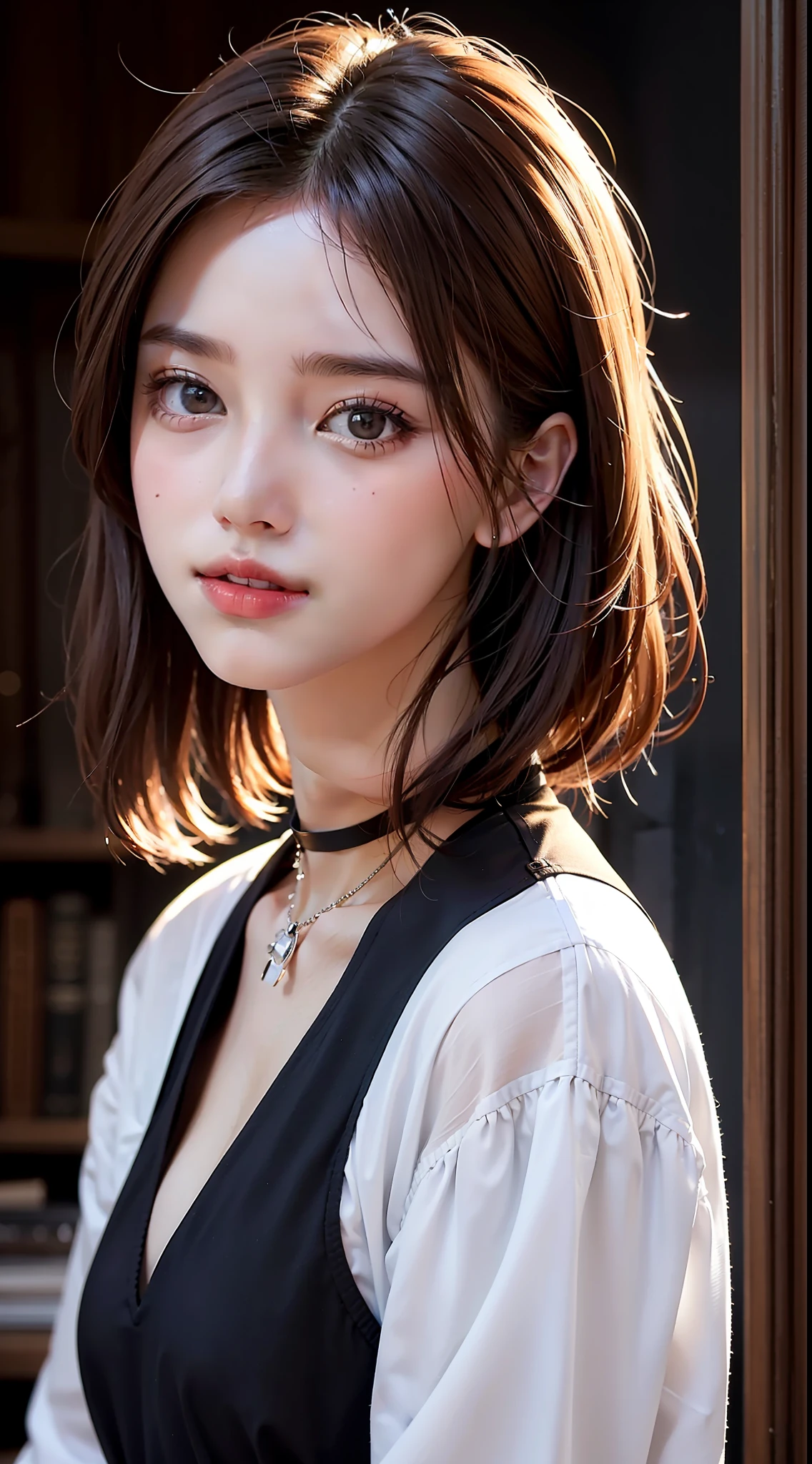 ​masterpiece、highest  quality、Raw photo、Hphotorealistic、hugetits、face lights、shinny skin、hight resolution、super detailing、Black Choker、Brown hair、Medium Hair、blouse