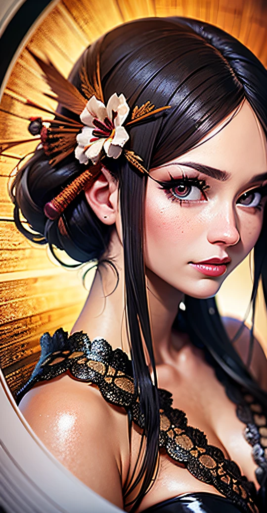 onmyoji, Japanese woman, hyper-detailing, warm tones, intricate details, volumetric, art by Artgerm, a glaring eyes, dvArch Modern, 85 mm, f1.8, portrait of a, photo-realistic, A hyper-realistic, orange, Ultra-detailed, intricate, dramatic, Sunset lighting, eye shadow, wide dynamic range