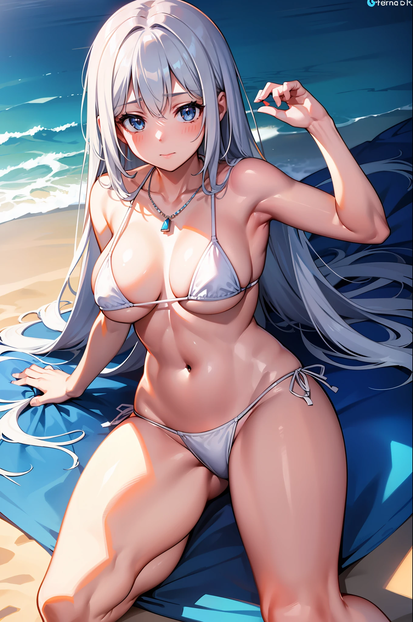 (ultra-detailed CG illustration) ,A beautiful age girl with ,(Beautiful blue eyes) ,(Semi-long with silver hair) ,(a necklace),(Shy face), (White micro bikini with pattern pattern) ,(Medium) ,(Perfect body) , (Lying Pose),(opening legs widely),(Mansuji),(The background is the sea),(Lying on the beach),(Nipple protrusion 1.3),(Pose above the knee)