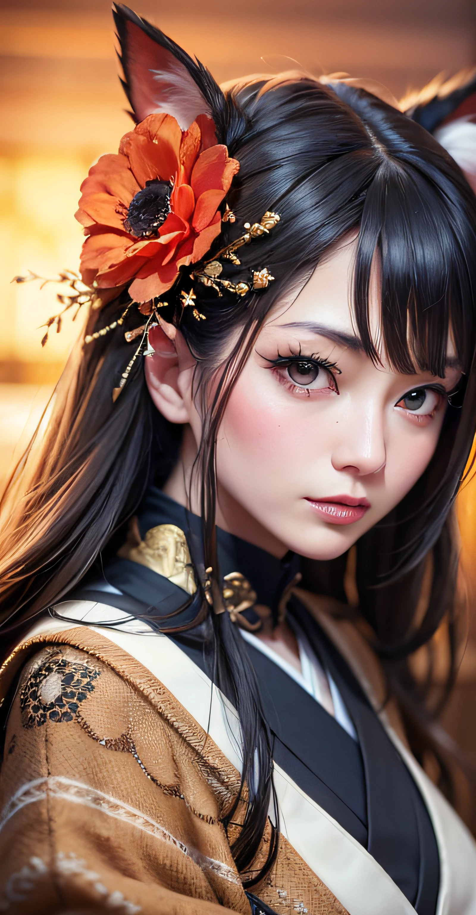 onmyoji, Japanese woman, hyper-detailing, warm tones, intricate details, volumetric, art by Artgerm, a glaring eyes, dvArch Modern, 85 mm, f1.8, portrait of a, photo-realistic, A hyper-realistic, orange, Ultra-detailed, intricate, dramatic, Sunset lighting, eye shadow, wide dynamic range
