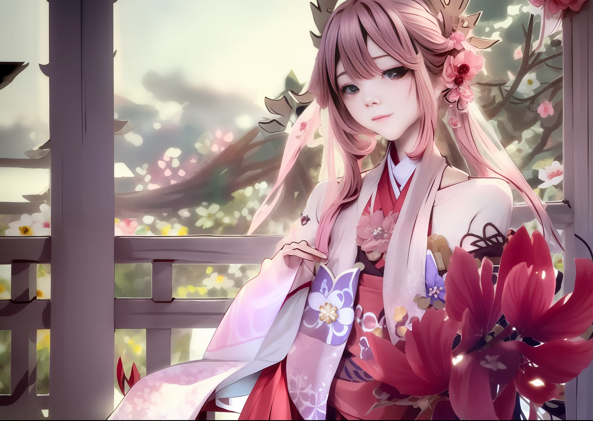 Genshin Yae Miko has flowers behind the wedding of the flower