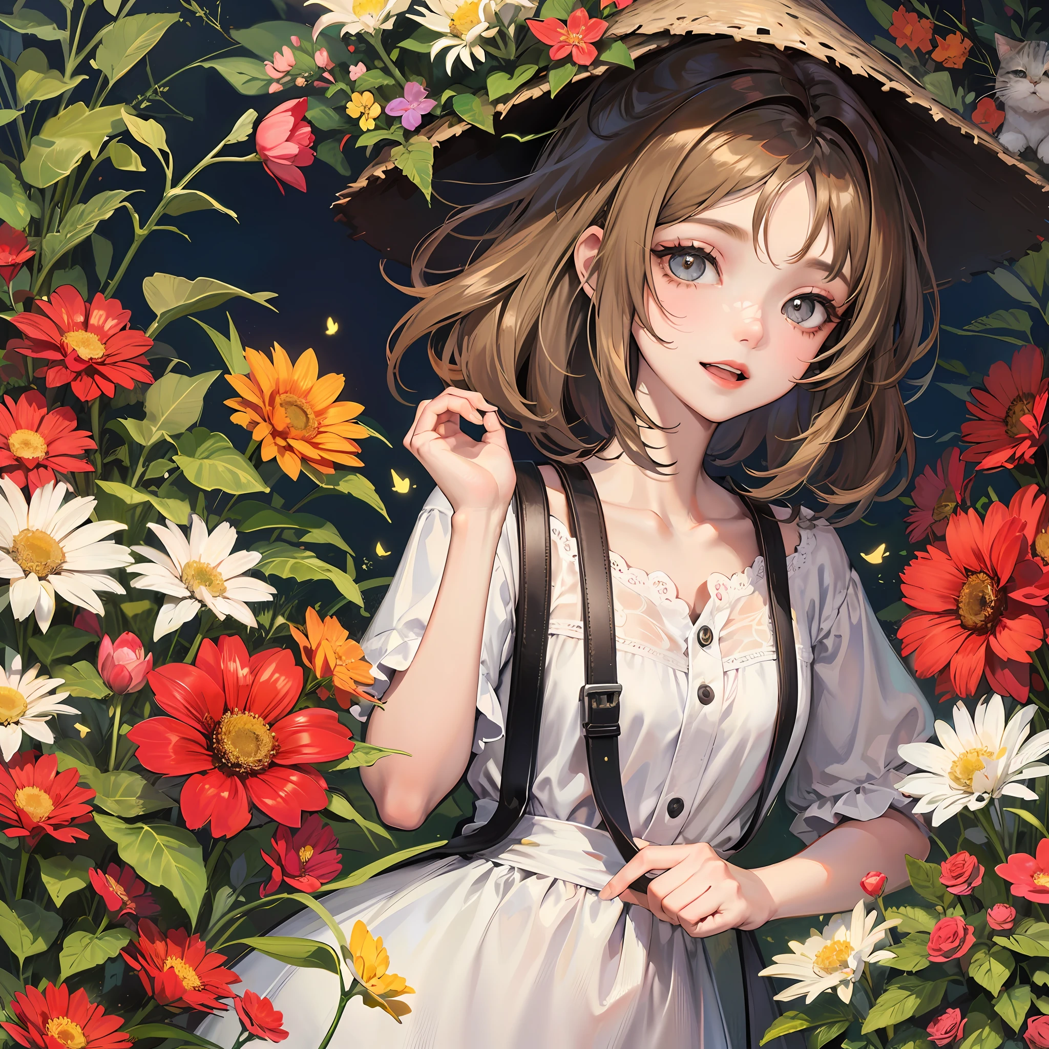 Uma menina, olhos grandes, olhos castanhos, cabelo cacheado, cabelos castanhos, pele cor marrom, feliz, flores, borboletas, gato, feliz, feliz, campo de flores, foco na menina, innocence, barnet, feliz --auto