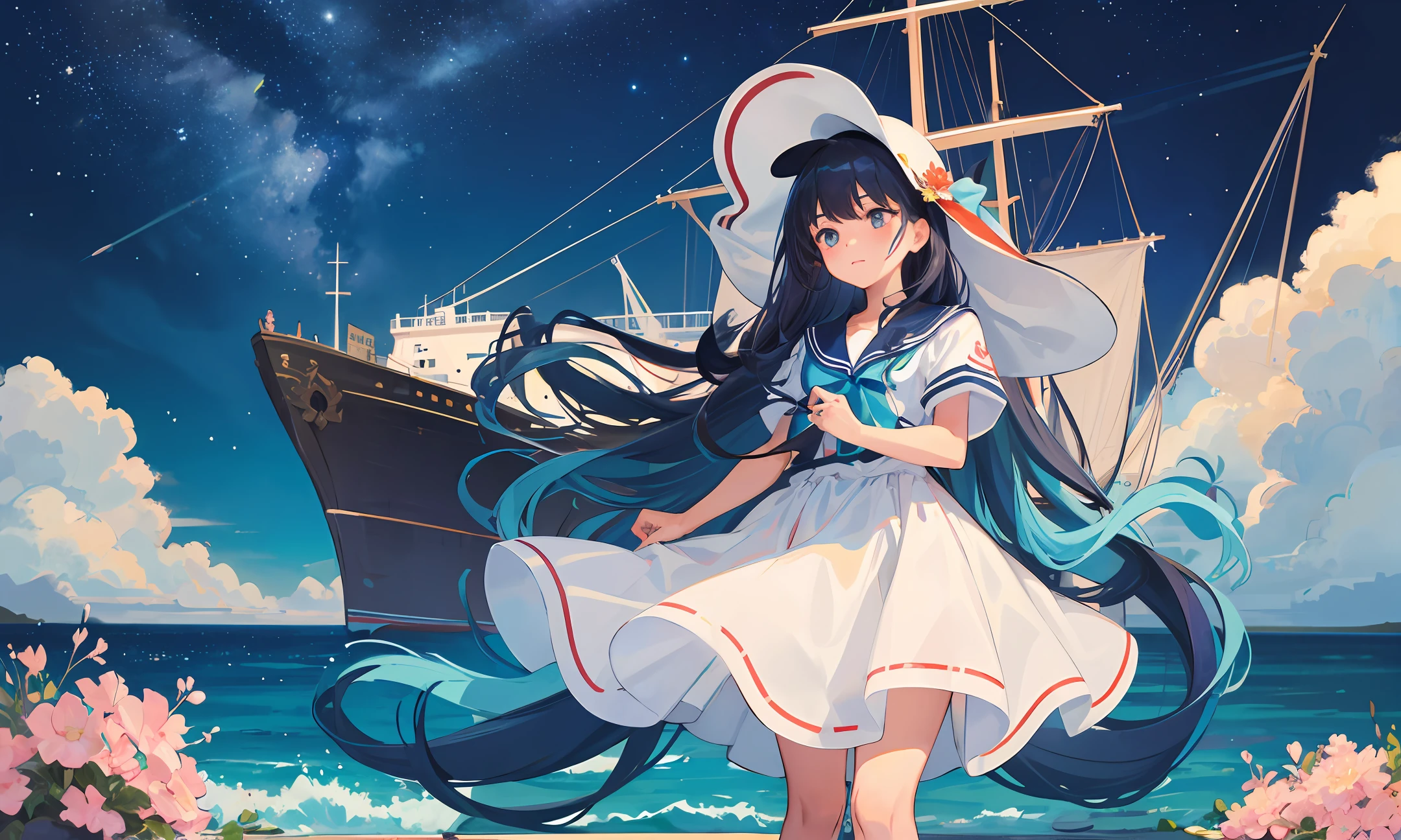 a beauty girl,blue long hair,standing on the ship,The sky is starry,Lined with a sea of flowers