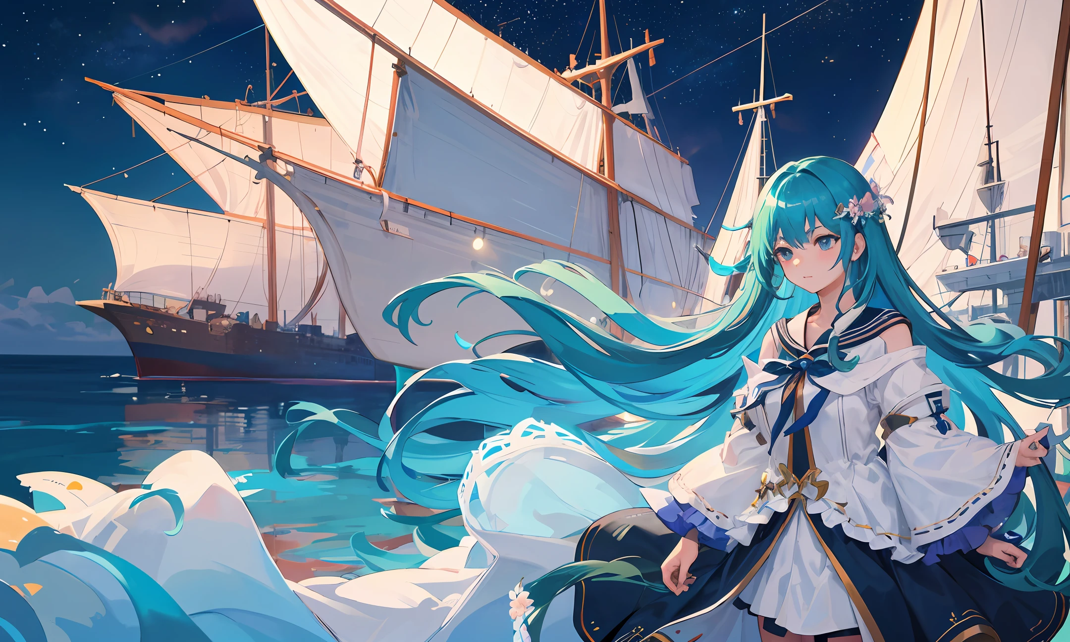 a beauty girl，blue long hair，standing on the ship，The sky is starry，Lined with a sea of flowers