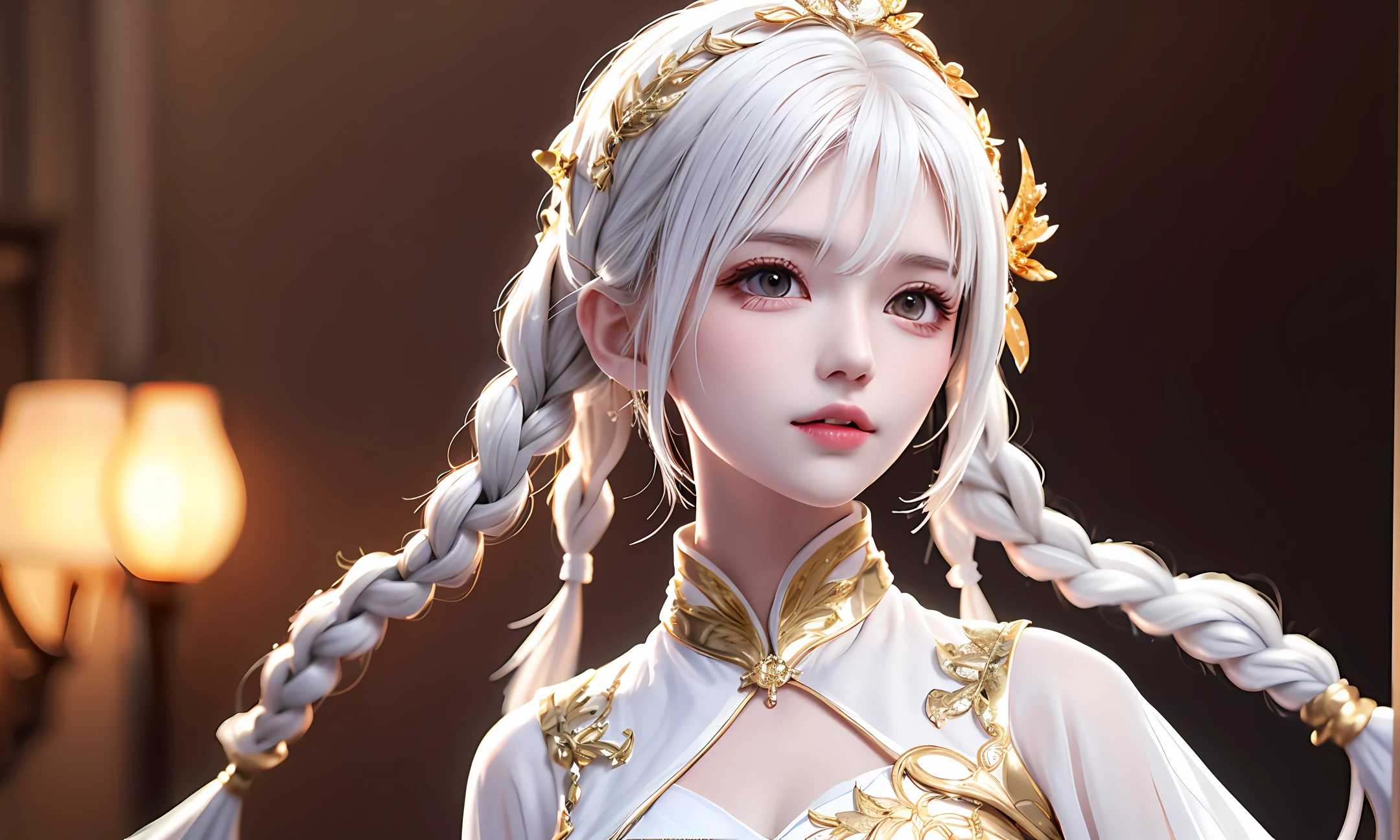 best quality, masterpiece,white hair, gold eyes,white clothes, looking up, upper body,hair strand,Fair skin,side braids