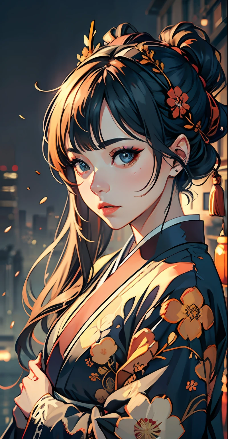 onmyoji, Japanese woman, hyper-detailing, warm tones, intricate details, volumetric, art by Artgerm, a glaring eyes, dvArch Modern, 85 mm, f1.8, portrait of a, photo-realistic, A hyper-realistic, orange, Ultra-detailed, intricate, dramatic, Sunset lighting, eye shadow, wide dynamic range