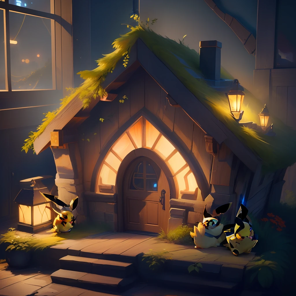 Cute little Pikachu waving and smiling greeting me in front of the theater door, unreal engine, cozy interior lighting, art station, detailed digital painting, cinematic, character design by (leagueofstyle,)