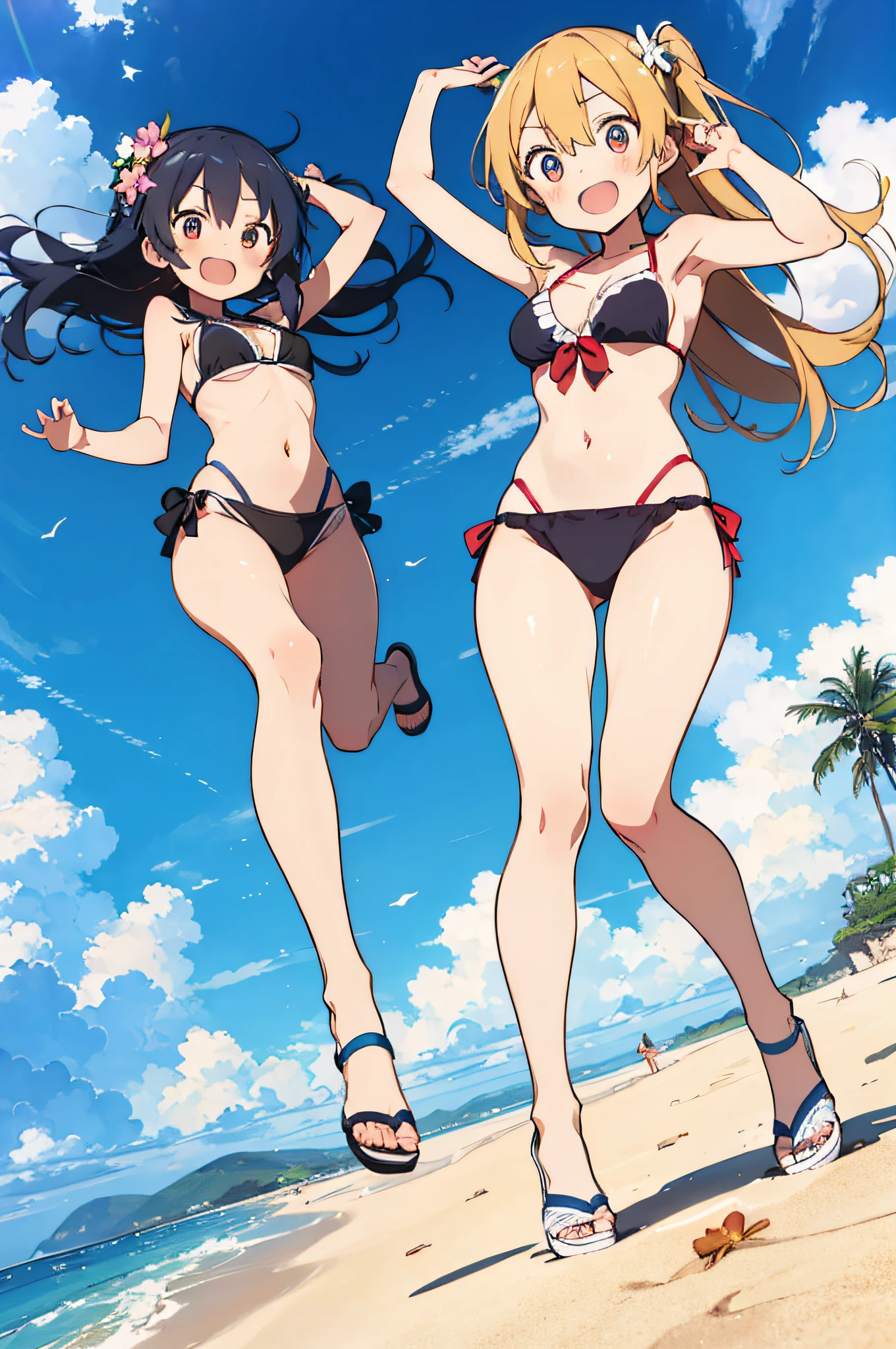 master piace, highest quality,ultra-detailliert,8K_wall-paper,(beautidful eyes),((cute little)),(Wonderful),(erotick),anime moe art style,Three girls frolicking on a sunny beach,bikini of,Smile,Dynamic Pose,Open mouth,Full body,bare-legged、mass bouquet