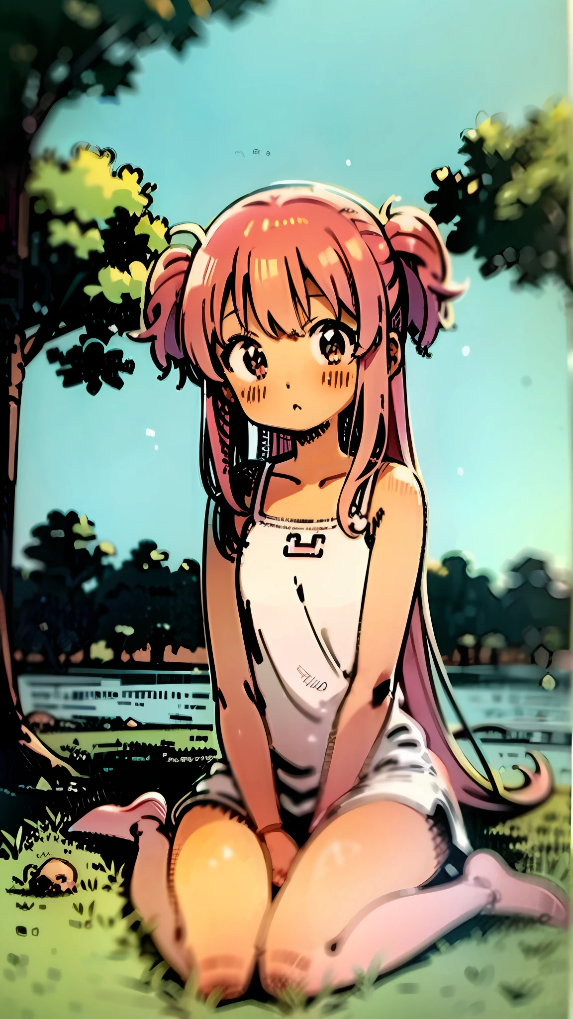 Anime girl with long pink hair sitting on the ground,arms folded, anime visual of a cute girl, small curvaceous , Cute anime girl, up of young anime girl, small lolil, Soft anime illustration, nyaruko-san, Guviz, extremely cute anime girl face, An anime girl, Loli, poit anime girl