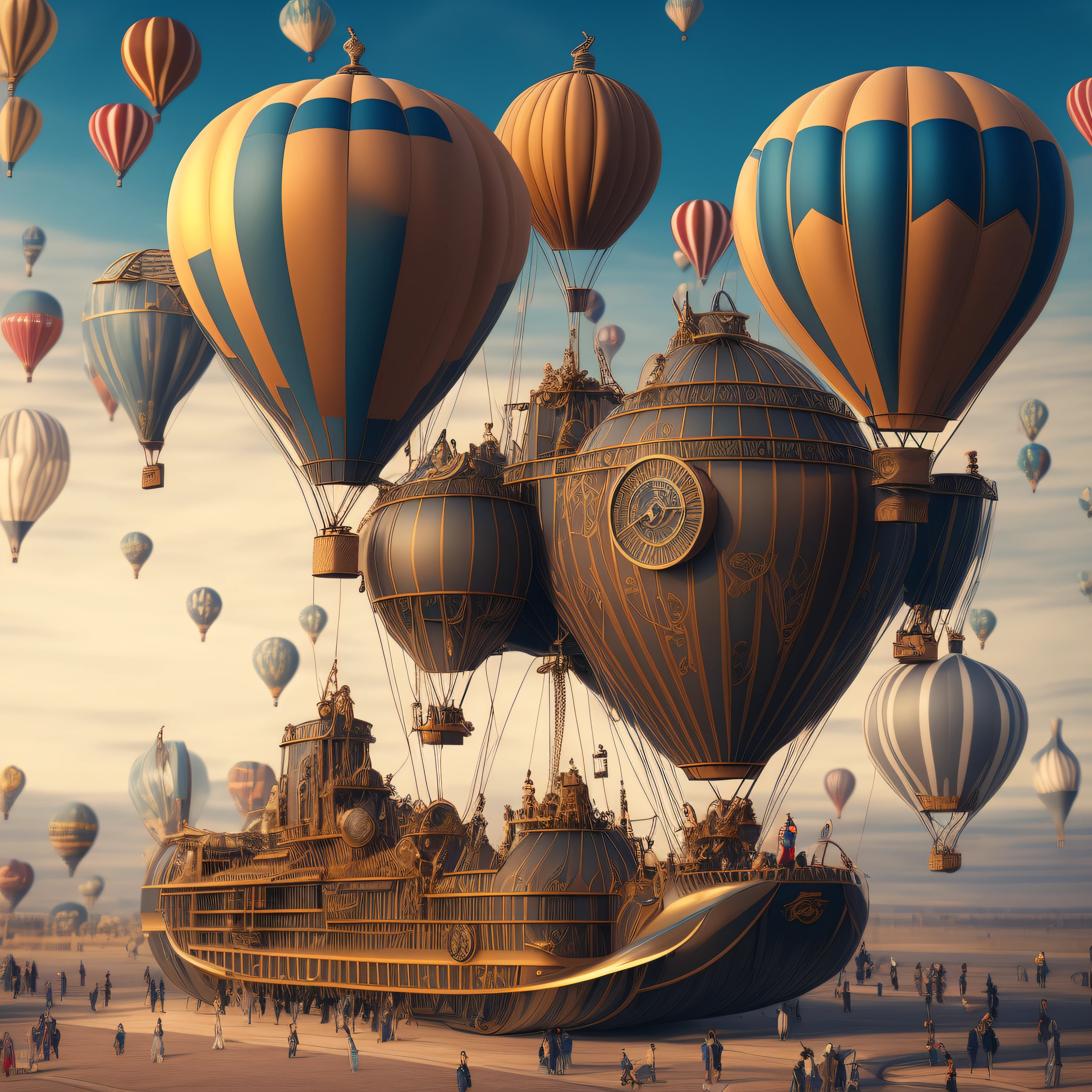 high detailed steampunk ship balloon with futuristic concept, with balloons, made by different materials and high detailed textures, dark background --auto