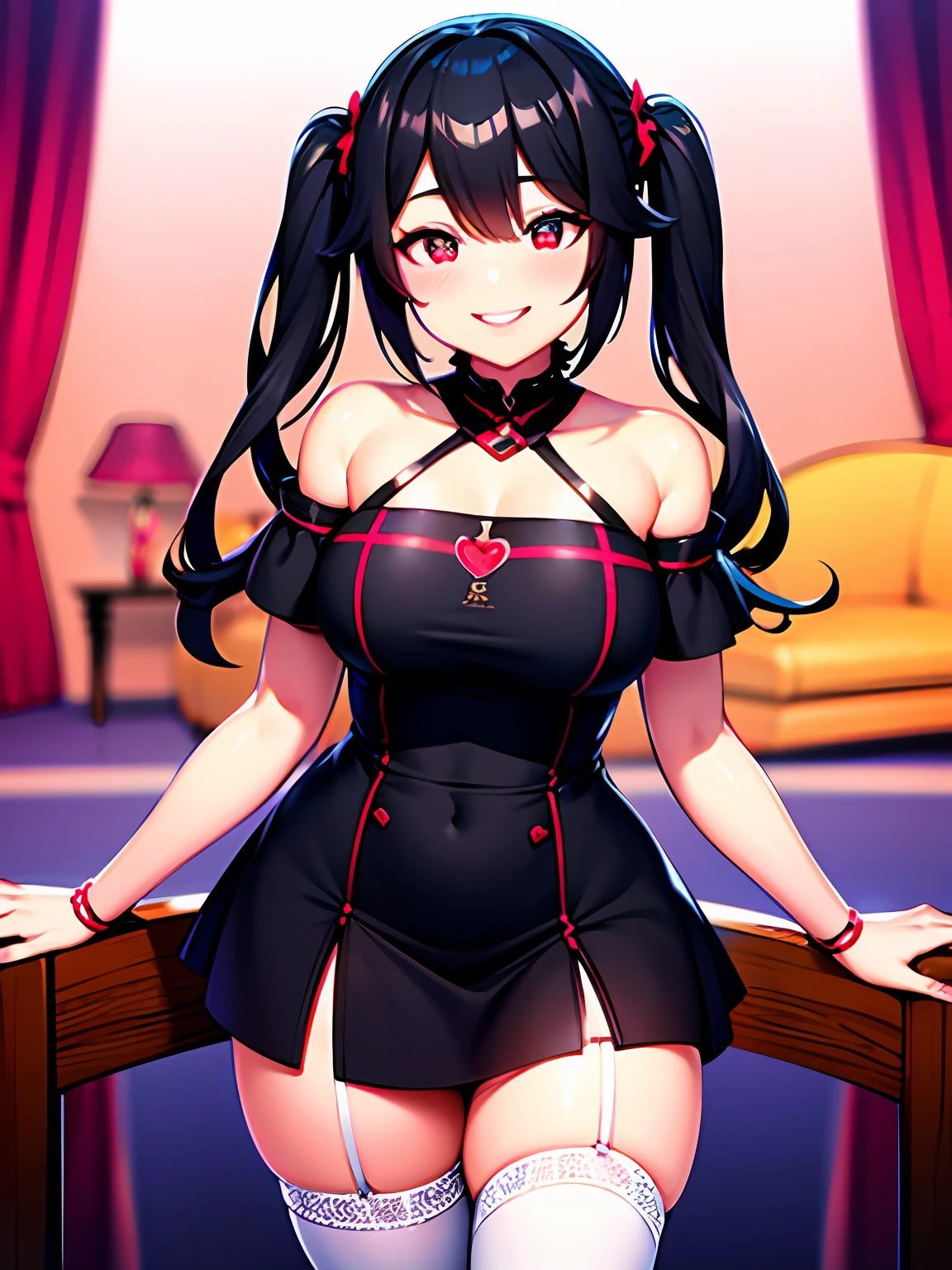 Black hair, white stockings, Twin-tailed, smile, Heart-shaped pupils, High detail, viewfinder, Anatomically correct