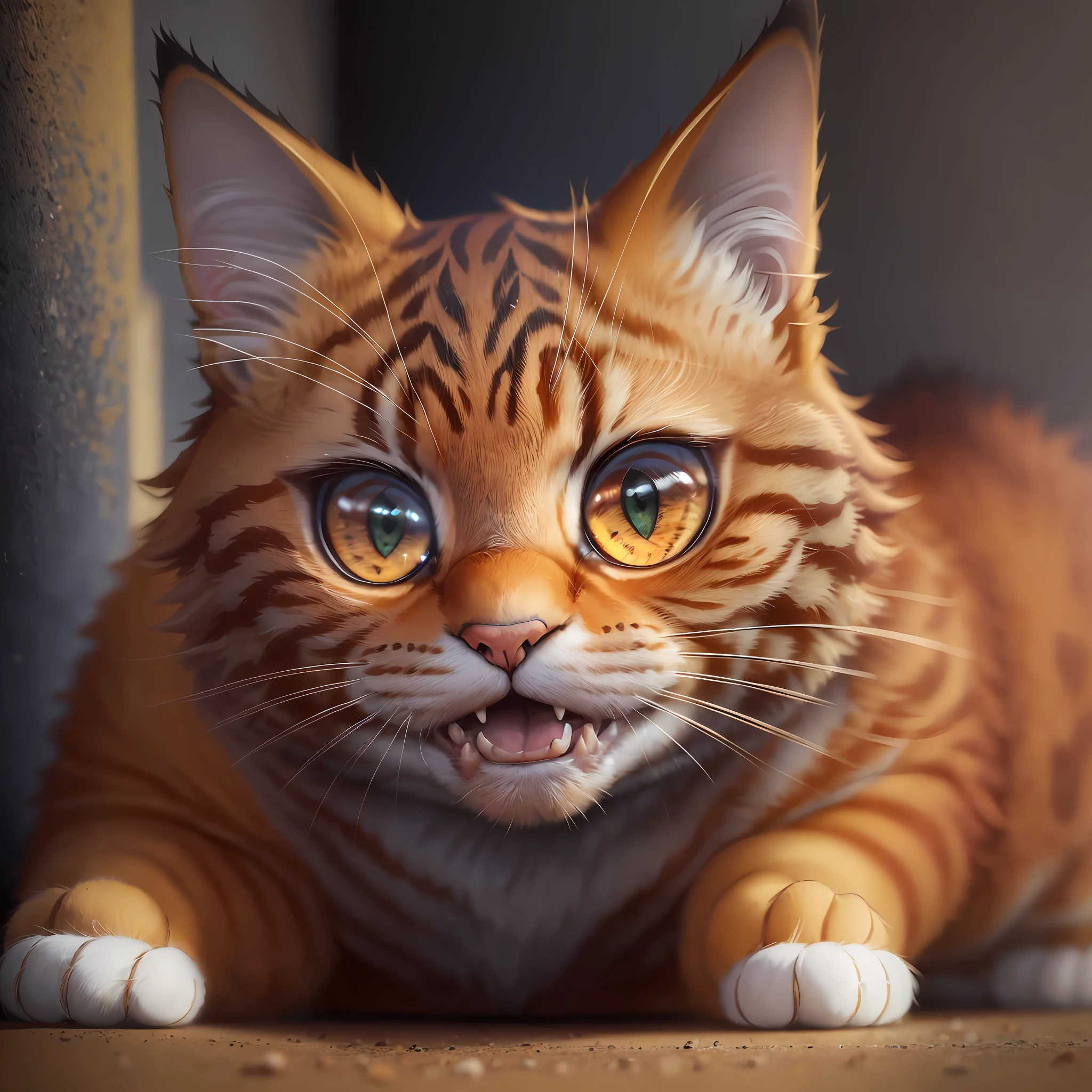 cat, orange, fat, garfield, no_humans, depth of field, disney style, DARK_Glam, wearing DRK_Glam, deep shadow, (dark: 1.4), (8k, RAW photo, best quality, masterpiece: 1.2), big expression happy with mouth --auto --s2