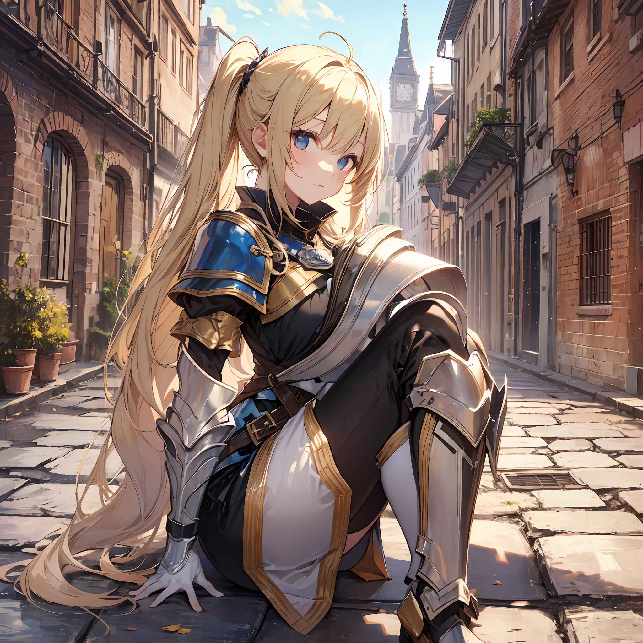 HIG quality fullllbody Dakunes White armor poneyTail a blond randome pose Medieval cityscape