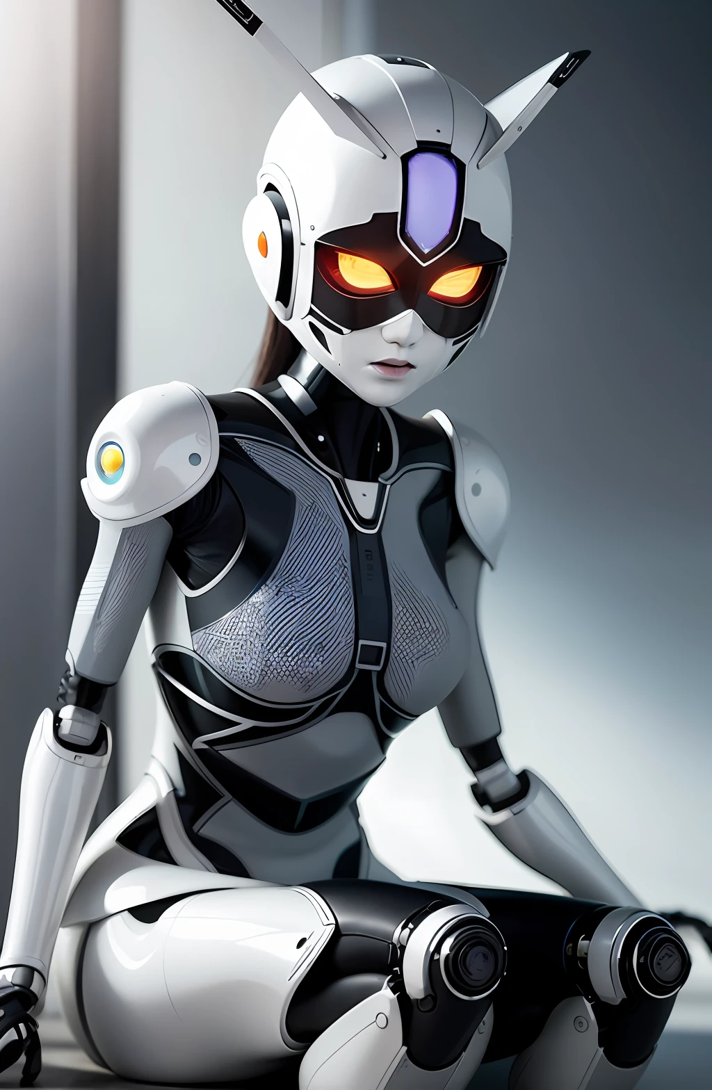 complejo renderizado 3D ultra detallado de un hermoso perfil de porcelana mujer trans, rostro de Android, cíborg, Robotic Parts, 150 mm, hermosa luz suave de estudio, luz de borde, detalles vibrantes, lujoso cyberpunk, encaje, hiperrealista, anatomical, facial muscles, electrical wires, microchip, fondo elegante y hermoso, renderizado de octano, estilo H. R. Giger, 8k, mejor calidad, obra maestra, illustration, extremadamente delicado y hermoso, extremadamente detallado, CG, unidad papel pintado (realista, fotorrealista: 1.37), incredible, detallado, obra maestra, de la mejor calidad, arte oficial, fondo de pantalla CG Unity 8k extremadamente detallado, absurdres, Incredibly absurd, robot, casco plateado, cuerpo entero, sentado
