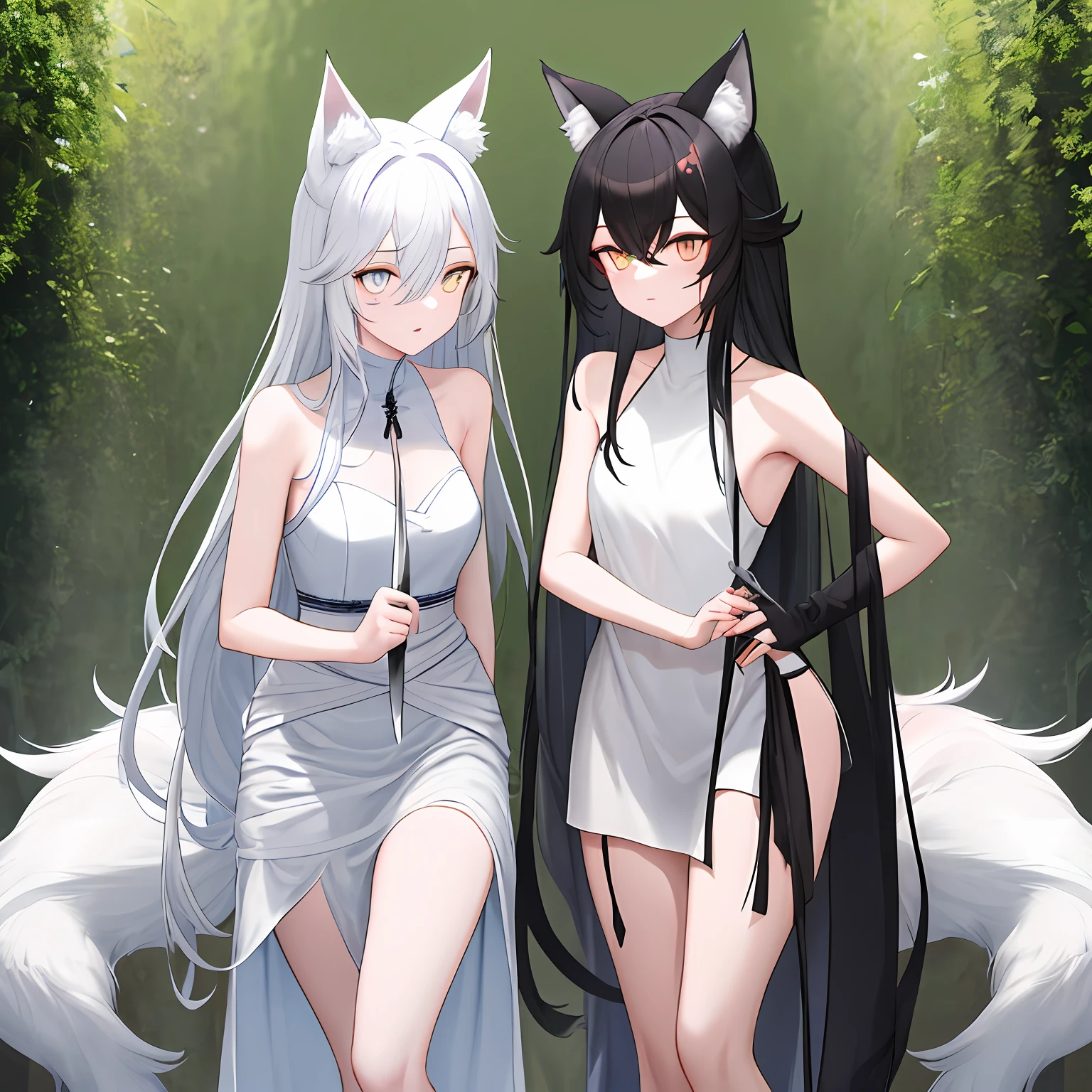 Long gray hair to the waist，The pupil is blue，Slender figure，There are distinct muscle lines on the body，There is a shallow knife mark under the right eye，The ears turned into a pair of tiny white wolf ears，There is also a 0.The large white tail of 7 meters is positive，，is being whipped。