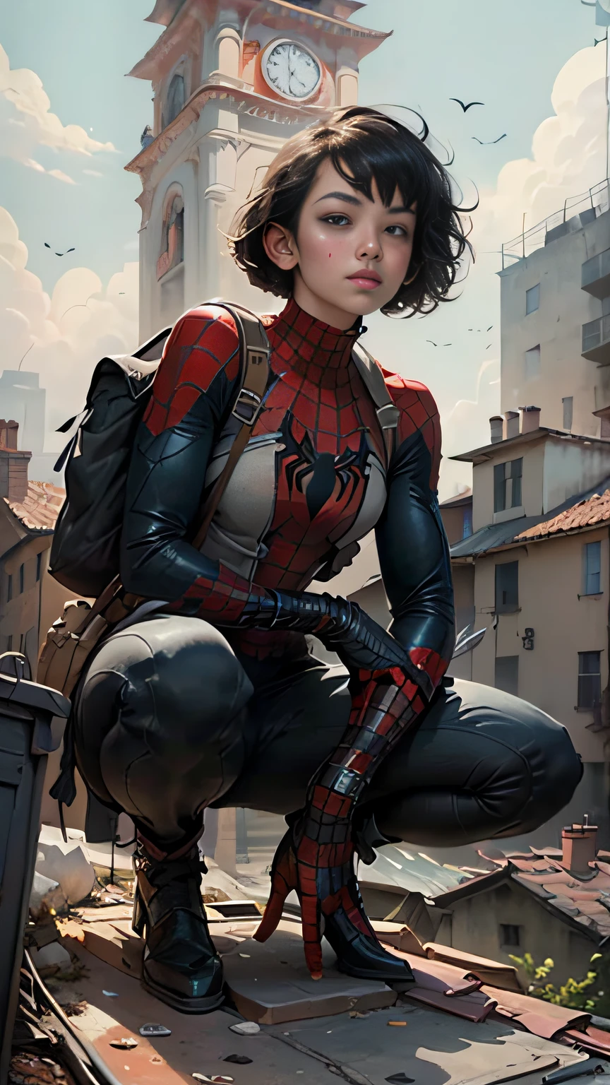tmasterpiece,4k,ultra detali,Beutiful women,spiderman uniform,ssmile,exquisite facial features,bob-cut hair,Squat on the roof of a tall building,