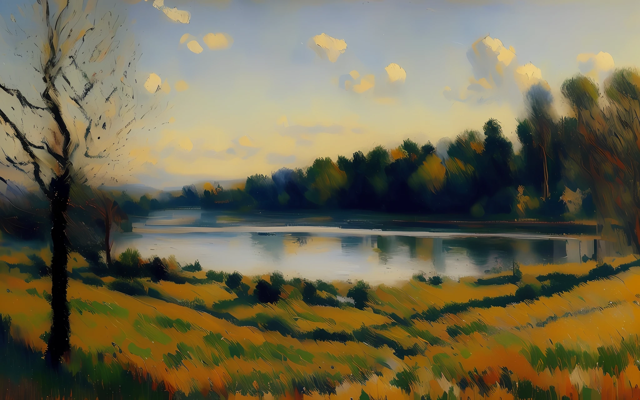 painting of a dramatic landscape, arte de Pissarro, (pinceladas grandes:1.6), acrylic, inspirado en la pintura 'Sunset 1872' de Camille Pissarro, ArtStation HD, Obra maestra de la pintura, Destacado en Unsplash, [monocromatic]