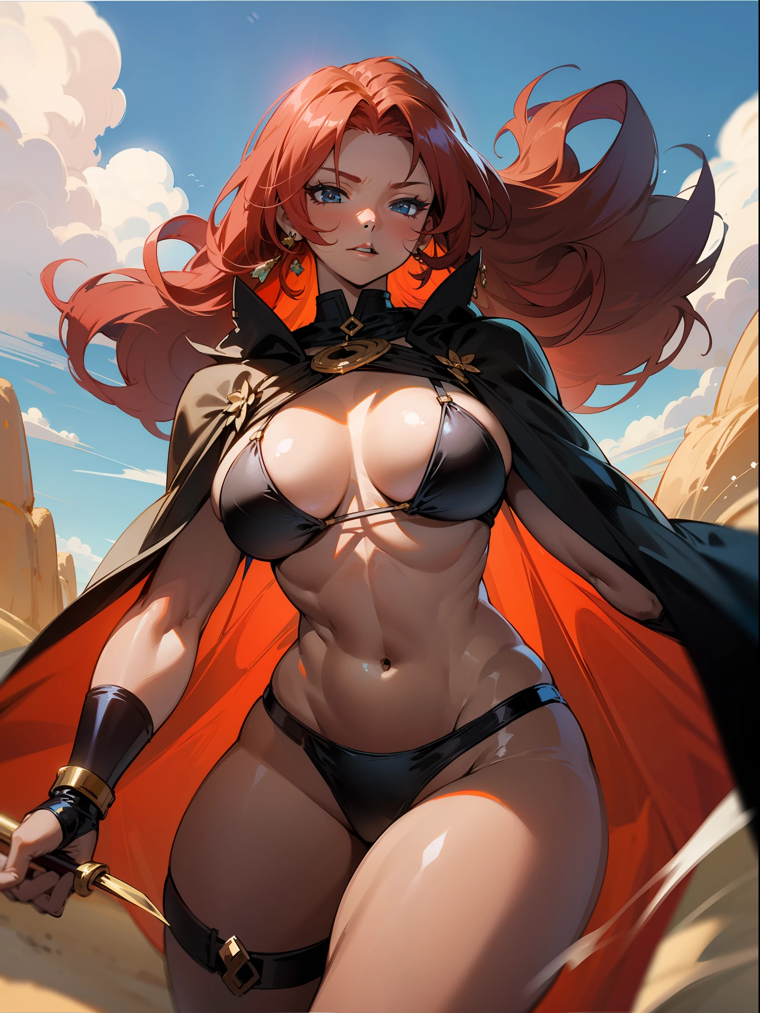 Mature woman, strong, dark skin, black bikini, cape, long red hair, large breasts, large thighs, can dynamic, heroic weight, fantasy, medieval, desert, sun, blue sky, well detailed brightness.