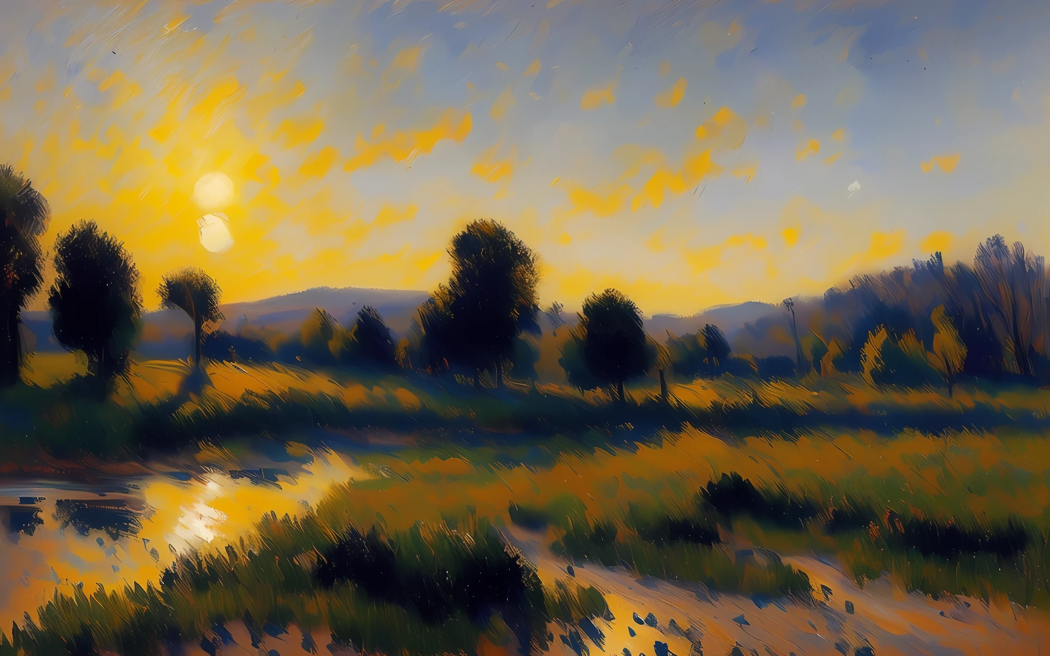 painting of a dramatic landscape, arte de Pissarro, (pinceladas grandes:1.6), acrylic, inspirado en la pintura 'Sunset 1872' de Camille Pissarro, ArtStation HD, Obra maestra de la pintura, Destacado en Unsplash, [monocromatic]