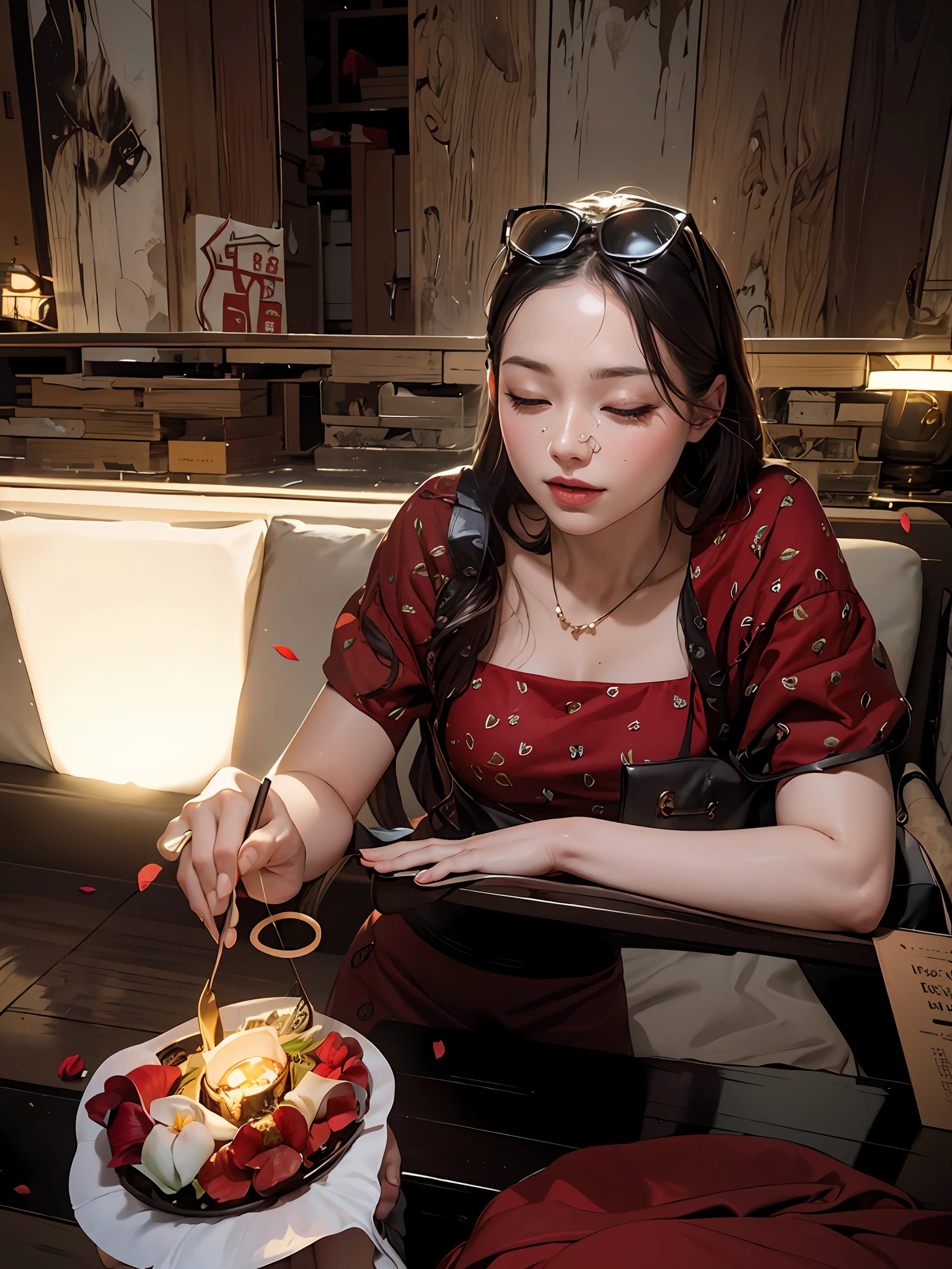 Need,tmasterpiece,A high resolution,(Delicate figure:1.5),Absolutely beautiful,(Milky skin:1.3),exquisitedetails,A high resolution,Wallpapers,1female,独奏,shift dresses,hair adornments,((Red dress)) ), florals, rnlong hair, black-hair, Keep one's mouth shut, trinkets, Long sleeved, Raise Hand, Wide sleeves, Big eyes, Fluttering, Hanfu, Hanfu, embroidery, long skirt, natural poses, falling flower petals, inside in room, Fanning,lanterns,16K,HDR,A high resolution,depth of fields,(filmgrain:1.1),Bocoon,prime time,(lens flare glow),Vignette,rainbowing,(Color:1.5)
