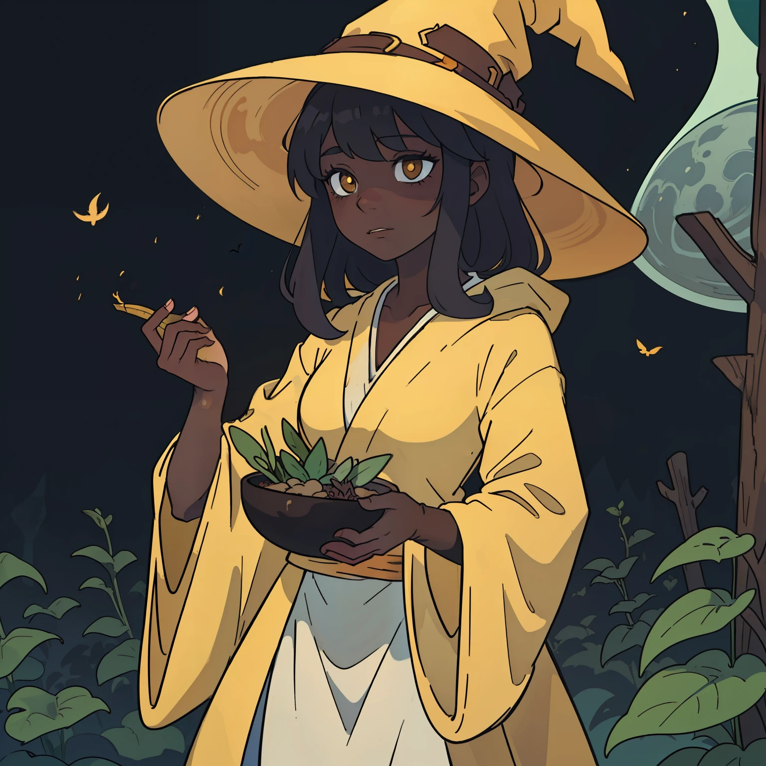 dark skinned witch, wearing gold robe and witch hat, hauntingly beautiful witch girl, surrounded by ethereal mist, harvesting herbs, dichromatic,