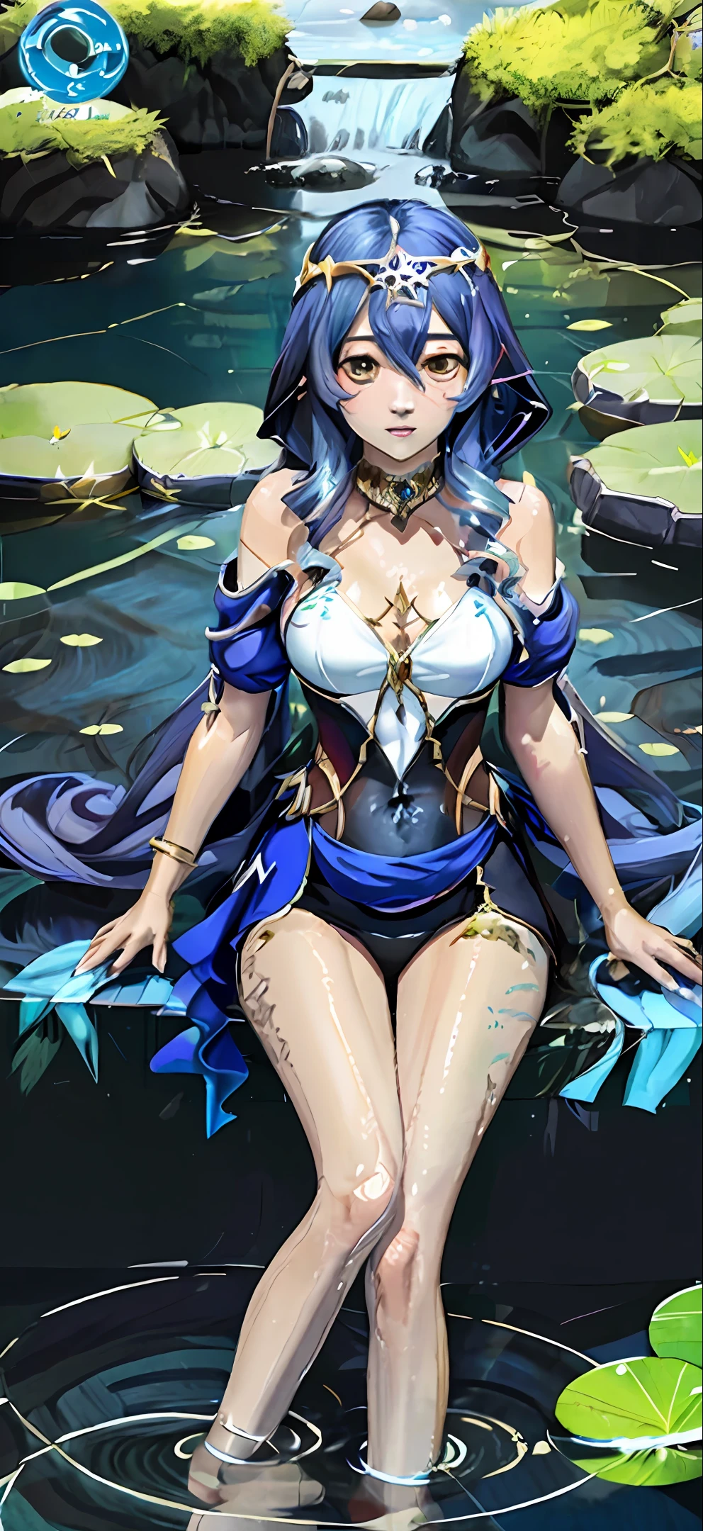 anime girl in a bikini sitting in a pond with a cell phone, wallpaper anime blue water, by Yuumei, detailed digital anime art, kawacy, digital anime illustration, [ 4 k digital art ]!!, closeup fantasy with water magic, japanese goddess, clean detailed anime art, digital anime art, guweiz, by Yang J