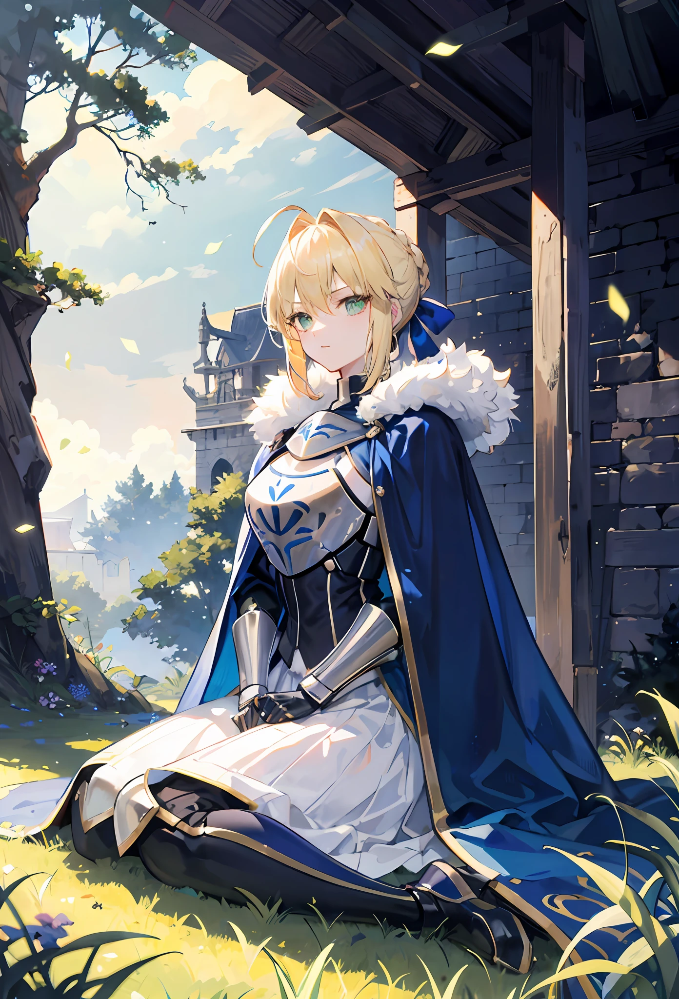 1girll,Artoria,king arthur,saber,King of Britain,FATE series,Knight King,medieval times,Majesty,((Bright blonde hair)),Sit on grass,ln the forest,Serious expression,Arms hang naturally at your sides,Heavy sterling silver armor,Sterling silver leg armor,Sterling silver armour,Dark blue heavy cape,Fur edges,Huge dark blue round battle skirt,Gold lace,Coiled hair,Poor milk,Green eyes,Solitude,A half body,(超高分辨率),(Ultra-high sharpness),tmasterpiece,品质最佳,