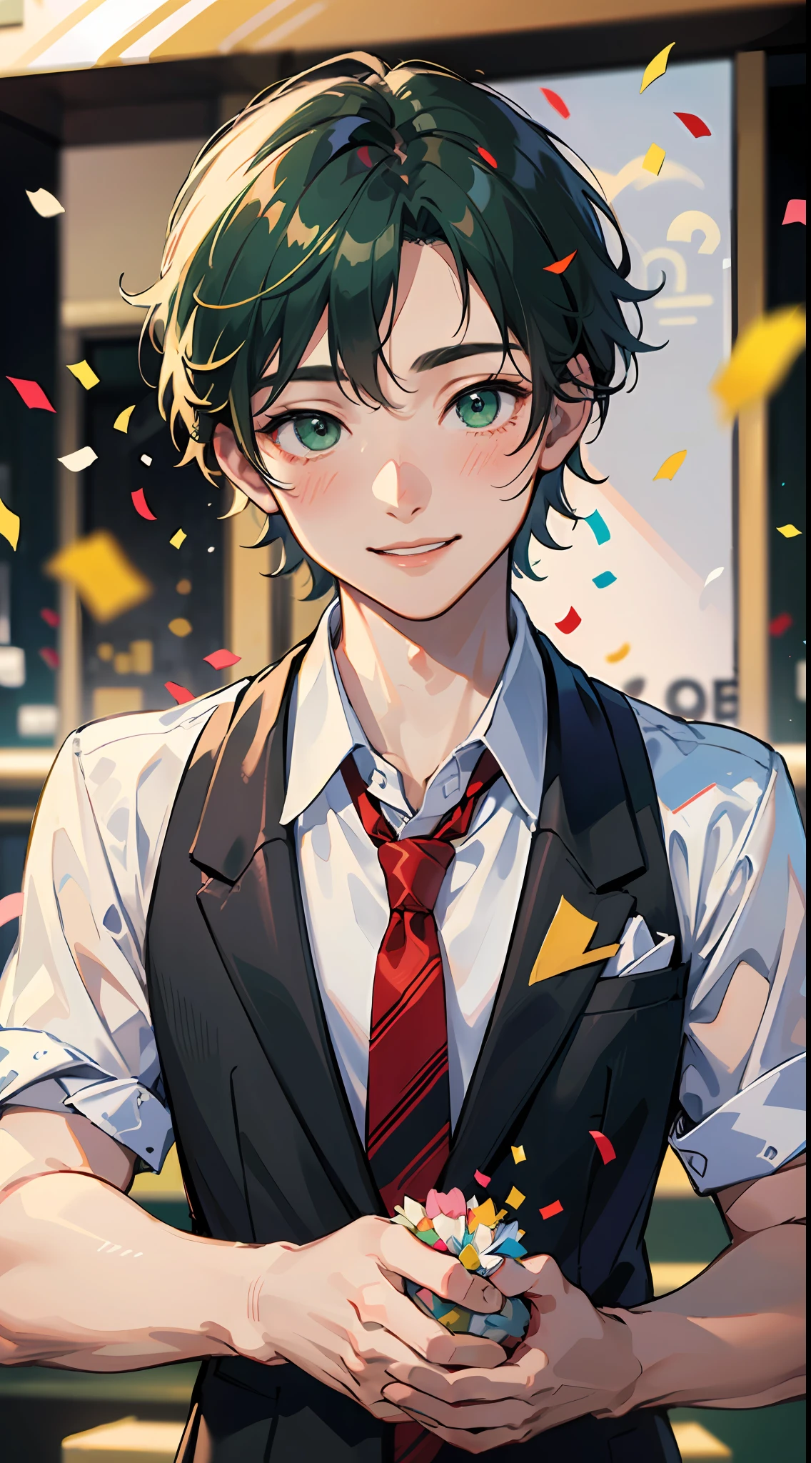 Master masterpiece、best qualtiy、8K、(16 years old male:1.5)、green very short hair,Cute face、Green eyes, blush,Smile,(Confetti:1.3),with a large bouquet、White shirt and red tie