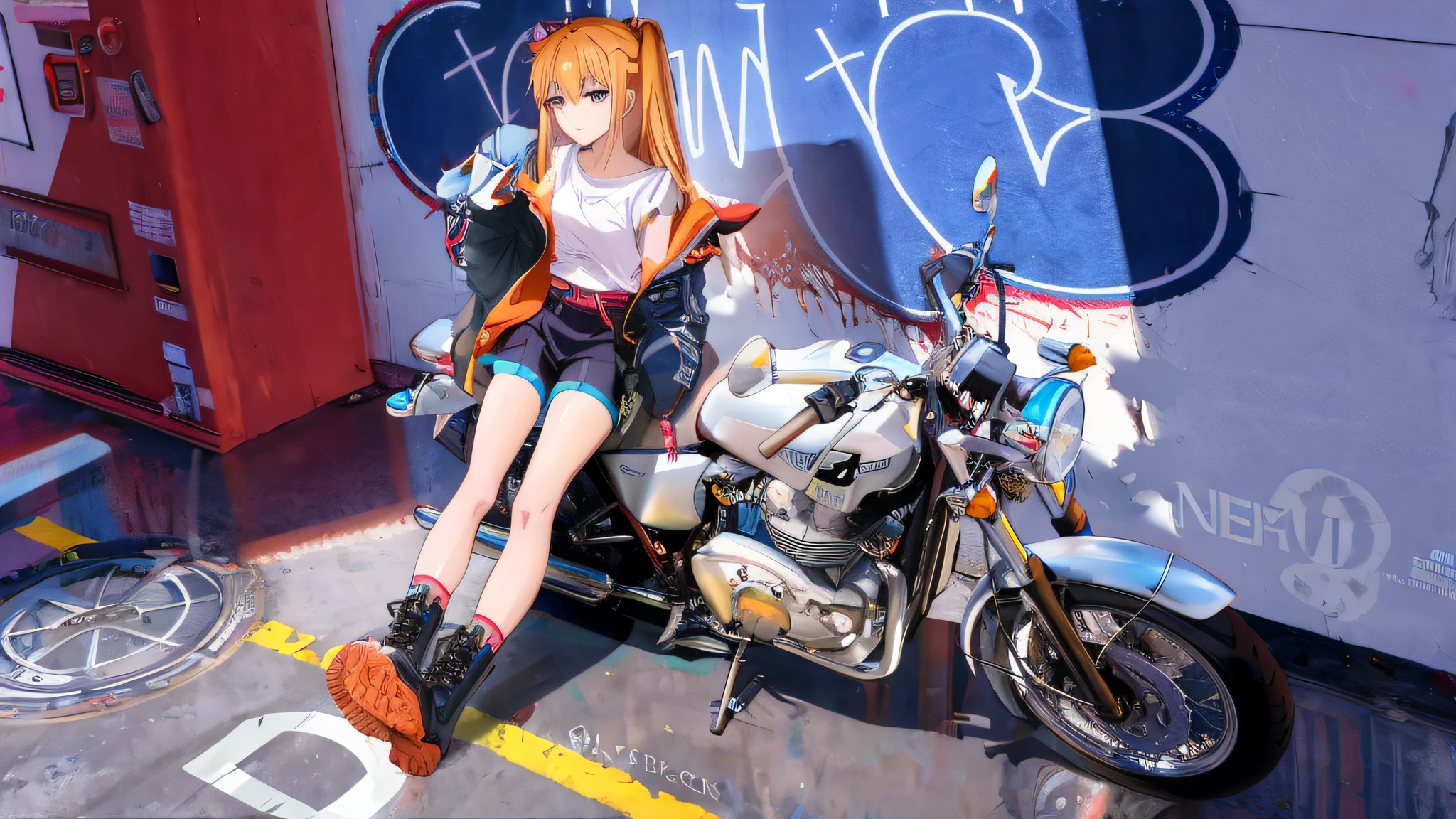 there is a woman sitting on a motorcycle in front of a sign, Guviz-style artwork, style of anime4 K, anime styled digital art, sitting on cyberpunk motorbike, Guviz, Anime style mixed with Fujifilm, modern anime style, e - girl, E-Girl, style anime, Also, made with anime painter studio