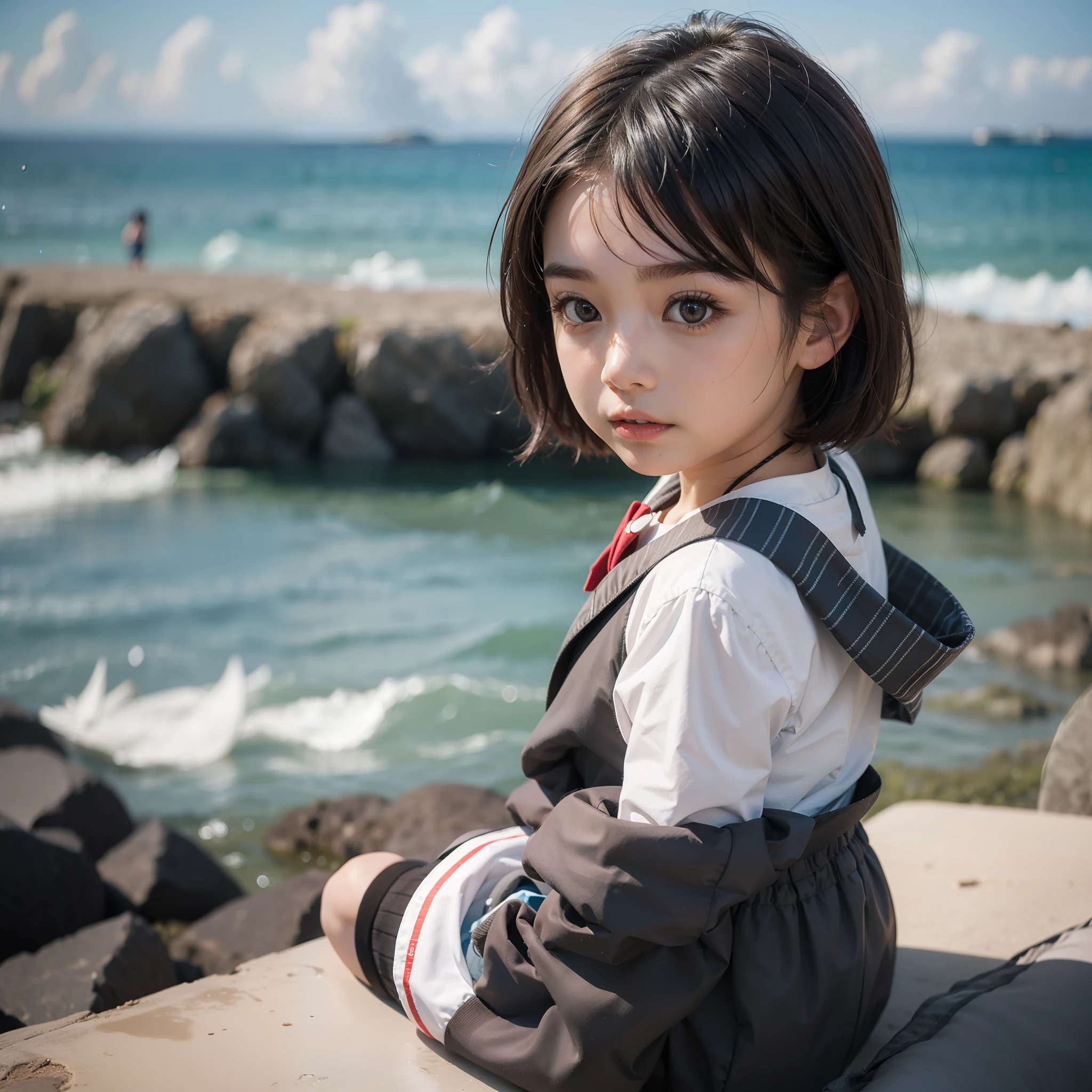 masutepiece, Best Quality, 8K Wallpaper, a handsome by the sea, (multi-national mixed race 1.6), Black hair, (Big brown eyes), straight nose