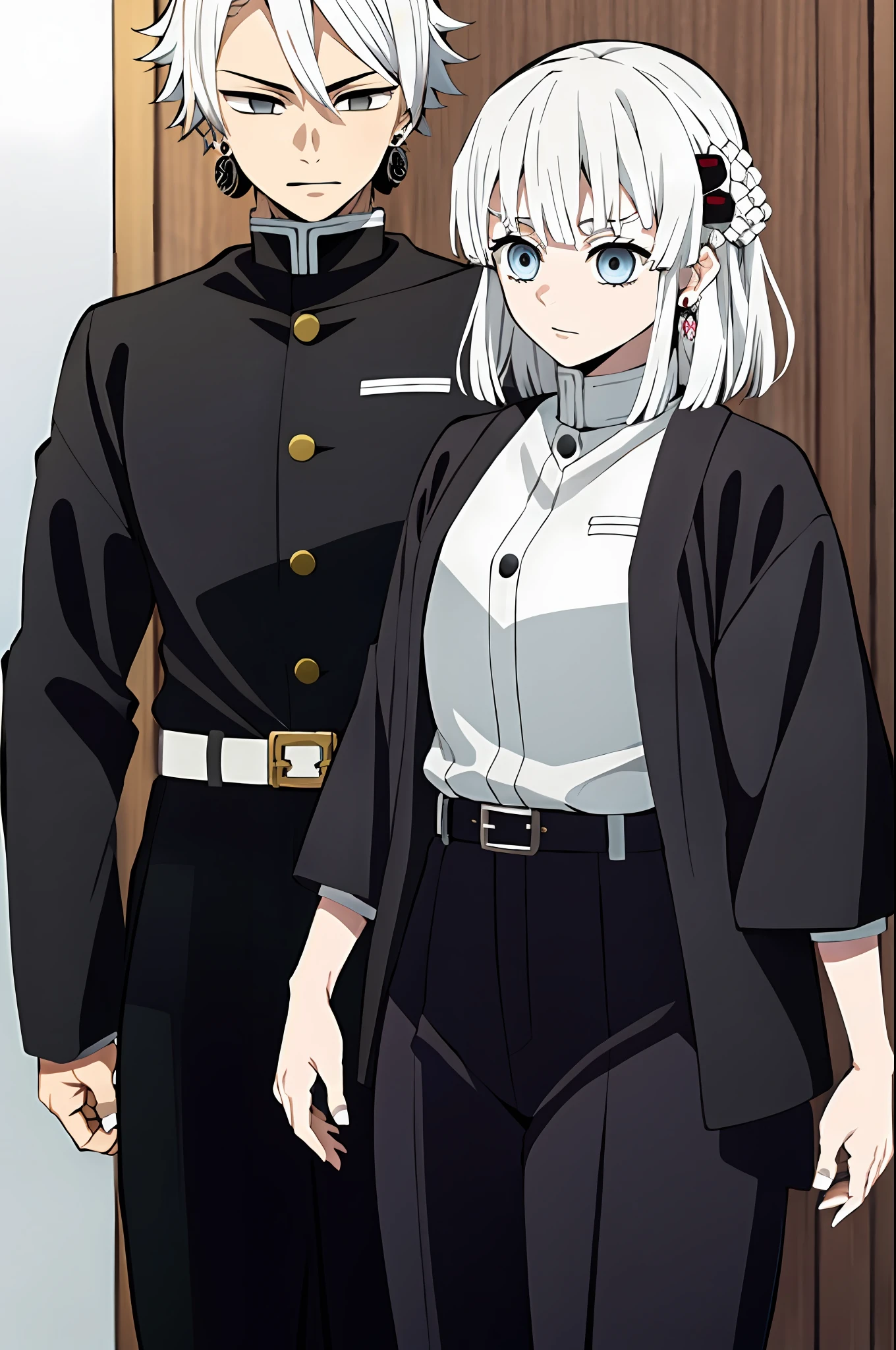 Style Kimetsu no yaiba, Original character, demon slayer uniform, 1fille, Focus fille, Pearl earrings, dents, bijoux, pantalon, cheveux blanc, ceinture, jupe noir, japanese clothes, Haori, Haori blanc, seulement, yeux gris/ blanc, manches longues, Coloriage anime, ((master work))