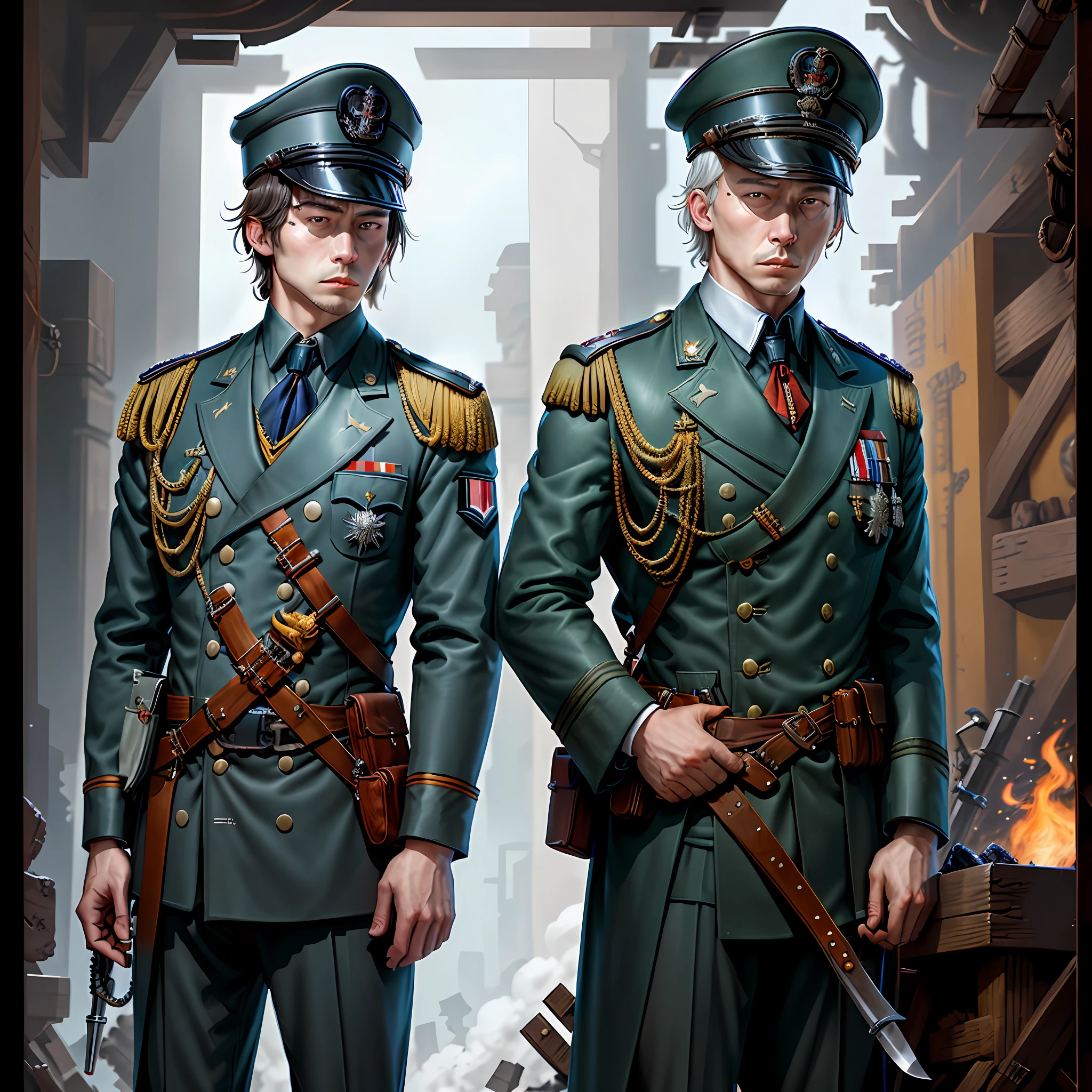 28-year-old man，Wearing a Prussian military cap，The Junckers assembled Japanese katana