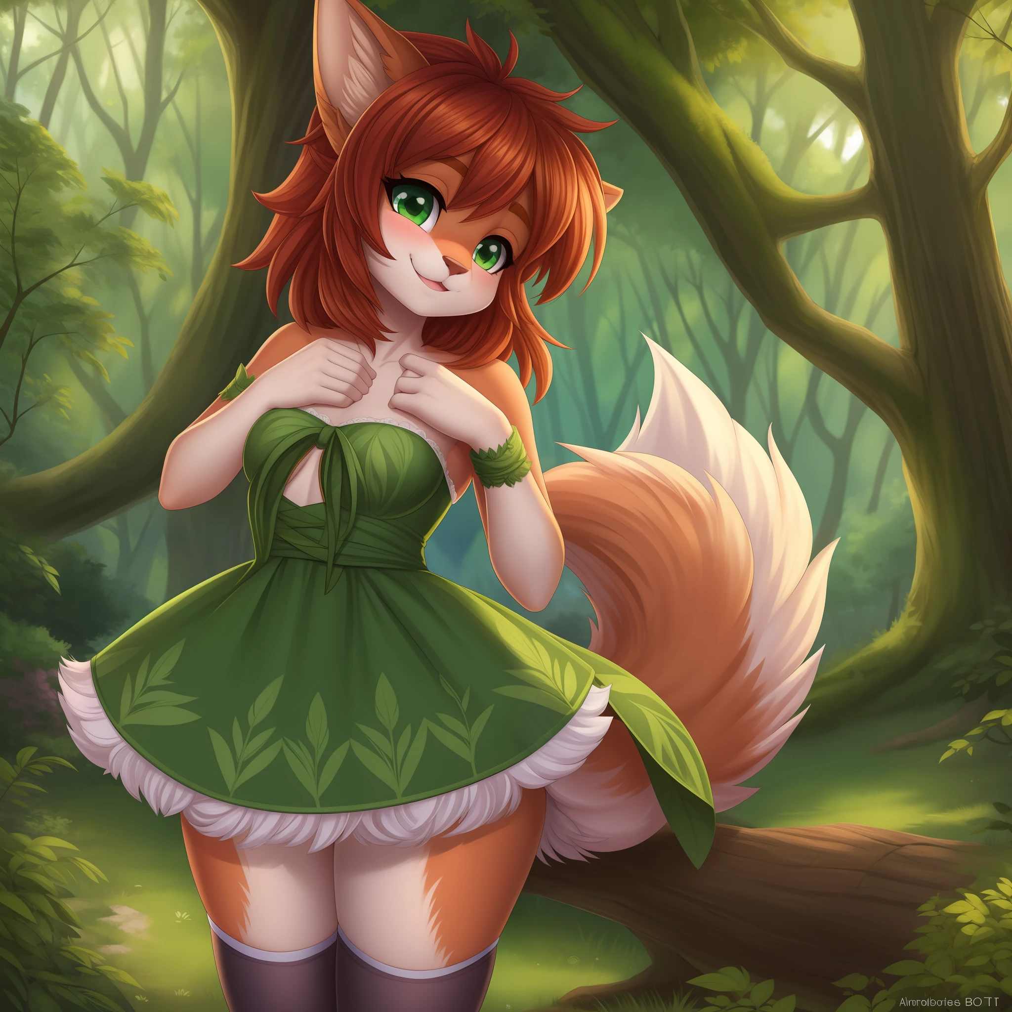 nsfw, masterpiece, bset quality, 1girl,white thighhighs,nature, mutiple views, ass views and dress views, (PureErosFace_V1:0.7), elora furry, detailed and extremely fluffy body fur, fluff, masterpiece, looking up beautiful surroundings, detailed background, happy, leaf-dress, (sfw), furry, no clothes animal, ************