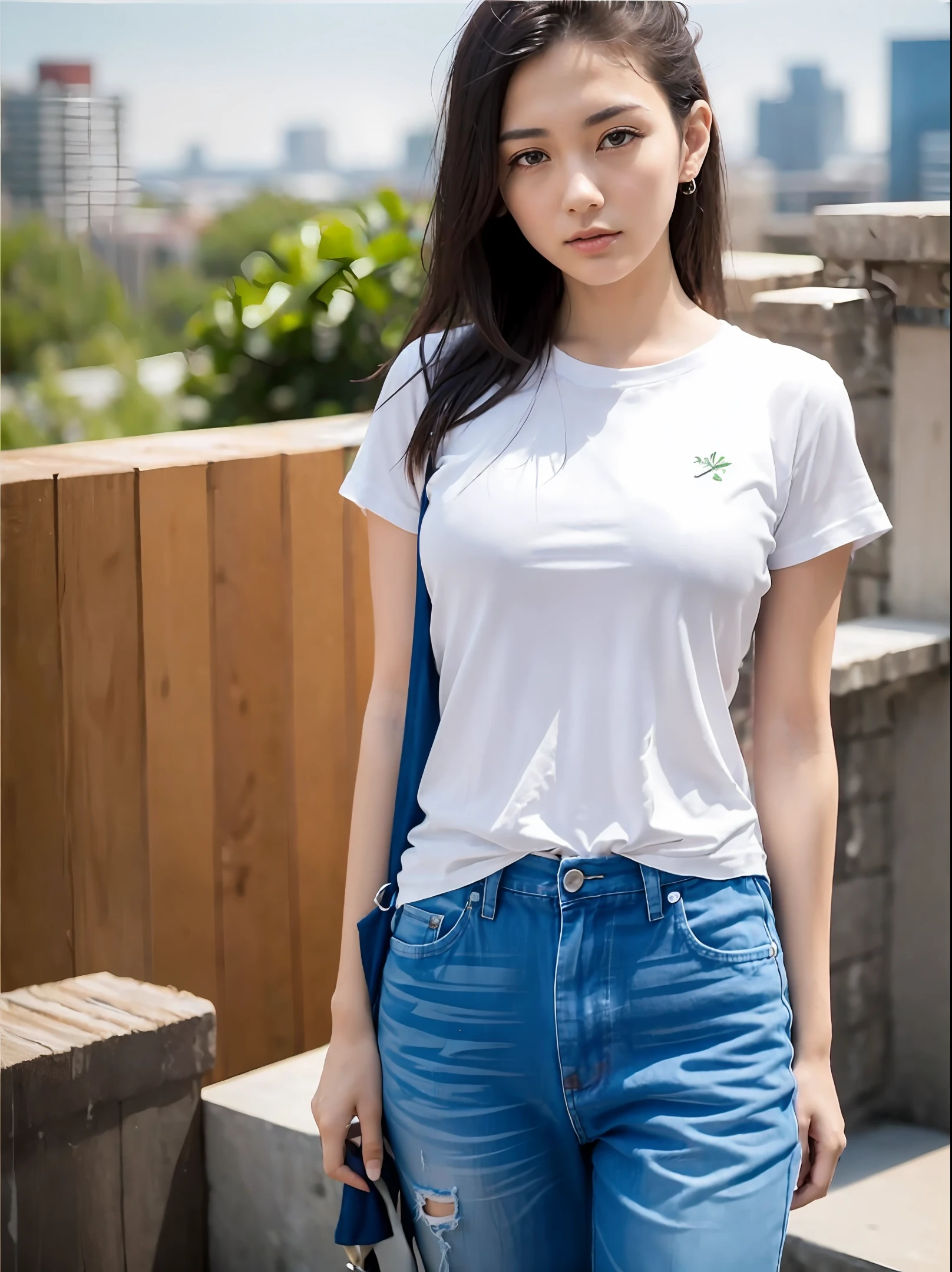 ((midynight, Need, 8k, tmasterpiece:1.3)), full bodyesbian, Long legs, Focalors:1.2, perfect figure beautiful woman:1.4, Slim abs:1.1, ((Dark brown hair, hugetits:1.2 )), (white tight t-shirt, Denim suspenders, standingn:1.2), ((city night scene, roofto:1.3)), Highly detailed facial and skin texture, A detailed eye, 二重まぶた,elvish ears